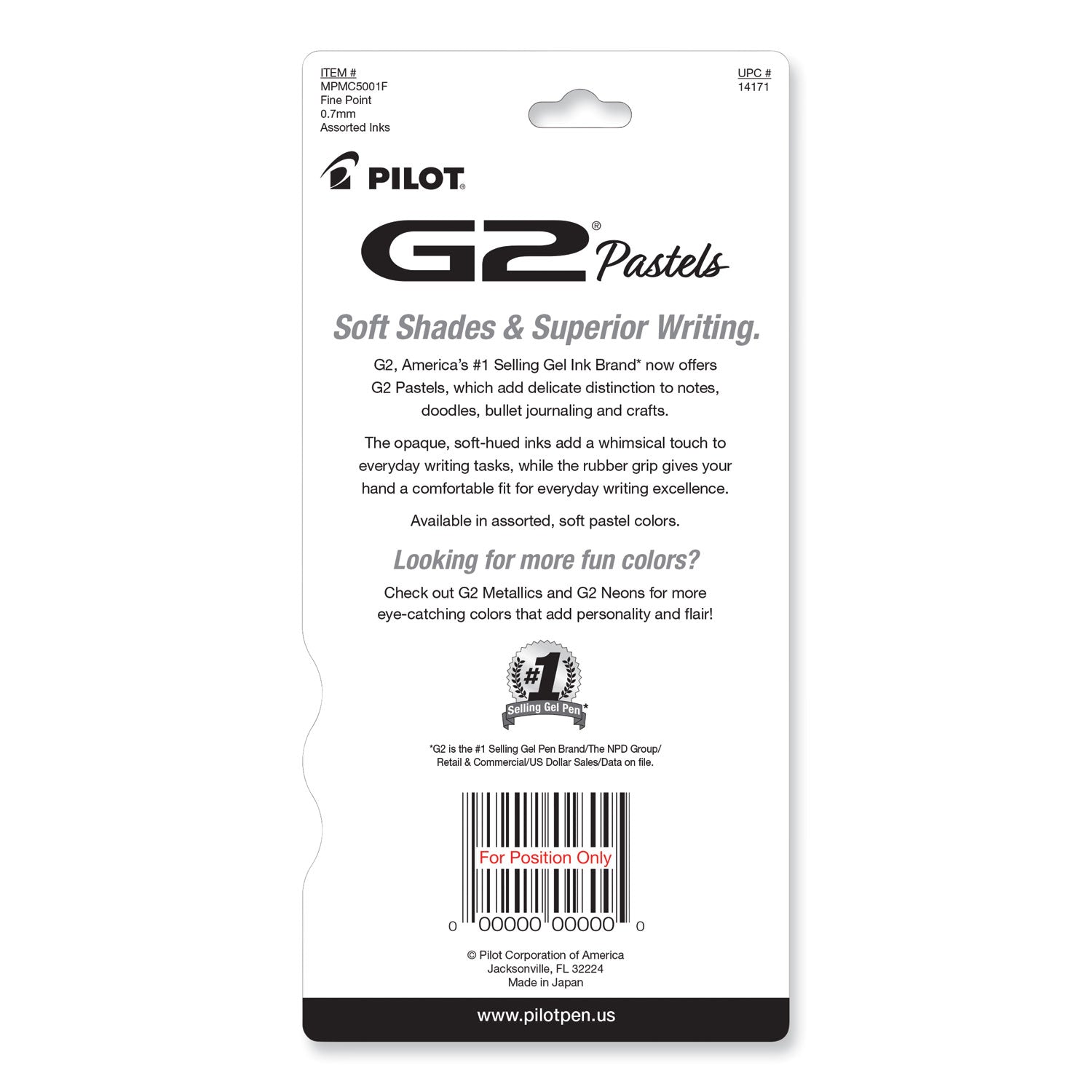 Pilot® G2 Pastel Gel Pen, Retractable, Fine 0.7 Mm, Assorted Pastel Ink And Barrel Colors, 5/pack