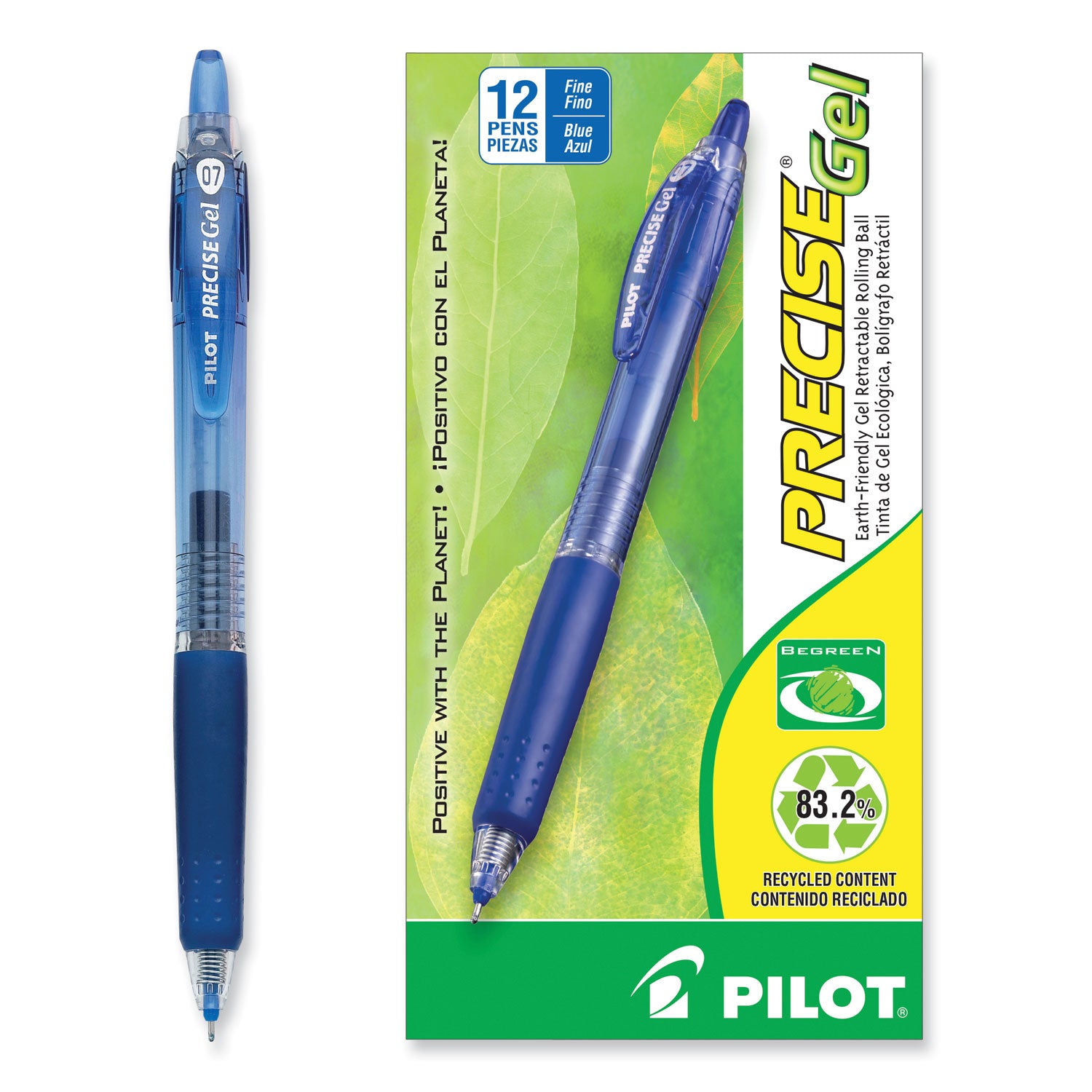Pilot® Precise Gel BeGreen Gel Pen, Retractable, Fine 0.7 mm, Blue Ink, Translucent Blue Barrel, Dozen