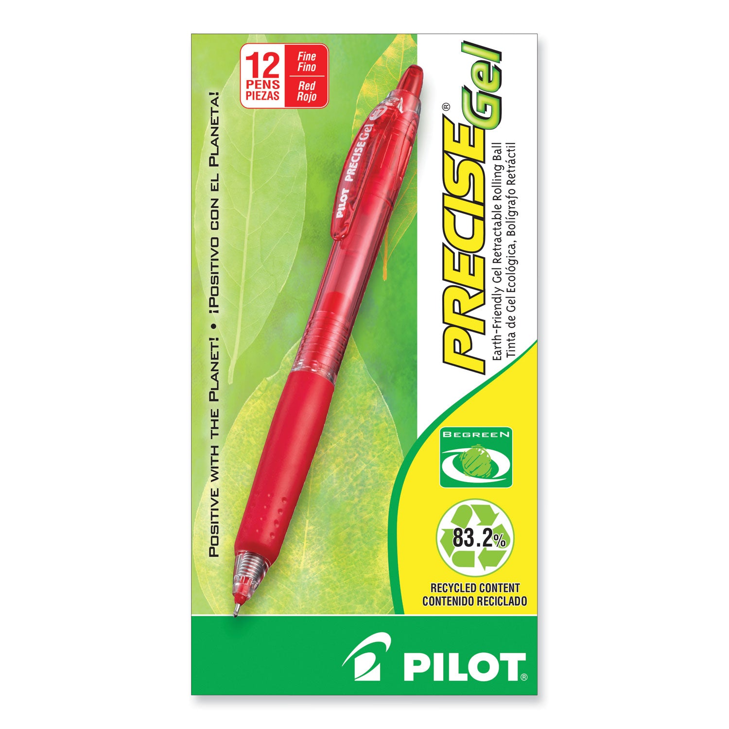 Pilot® Precise Gel BeGreen Gel Pen, Retractable, Fine 0.7 mm, Red Ink, Translucent Red Barrel, Dozen