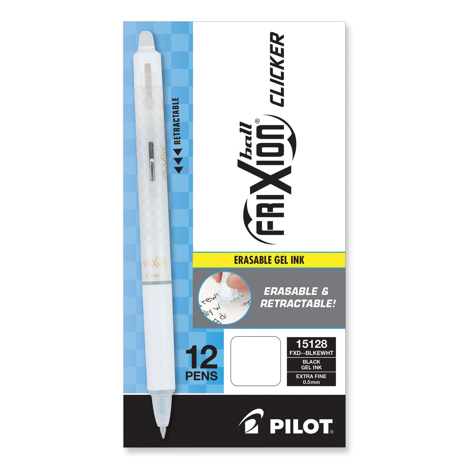 Pilot® FriXion Ball Clicker Erasable Gel Pen, Retractable, Extra-Fine 0.5 mm, Black Ink, White Barrel, Dozen