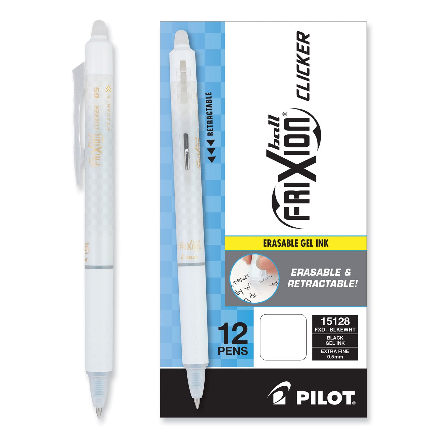 Pilot® FriXion Ball Clicker Erasable Gel Pen, Retractable, Extra-Fine 0.5 mm, Black Ink, White Barrel, Dozen