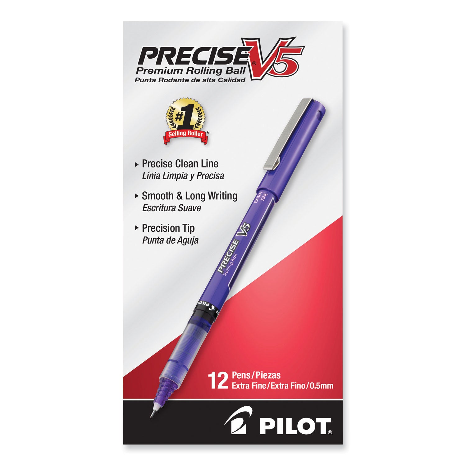 Pilot® Precise V5 Rollerball Pen, Stick, Extra-Fine 0.5 mm, Purple Ink, Purple/Clear Barrel, Dozen