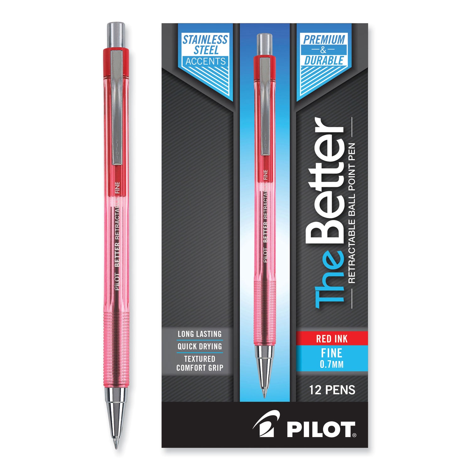 Pilot® Better Ballpoint Pen, Retractable, Fine 0.7 Mm, Red Ink, Translucent Red Barrel, Dozen