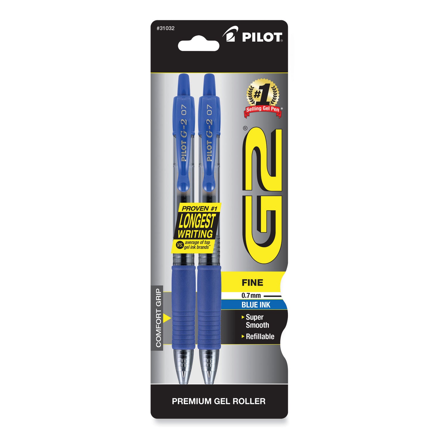 Pilot® G2 Premium Gel Pen, Retractable, Fine 0.7 mm, Blue Ink, Smoke/Blue Barrel, 2/Pack