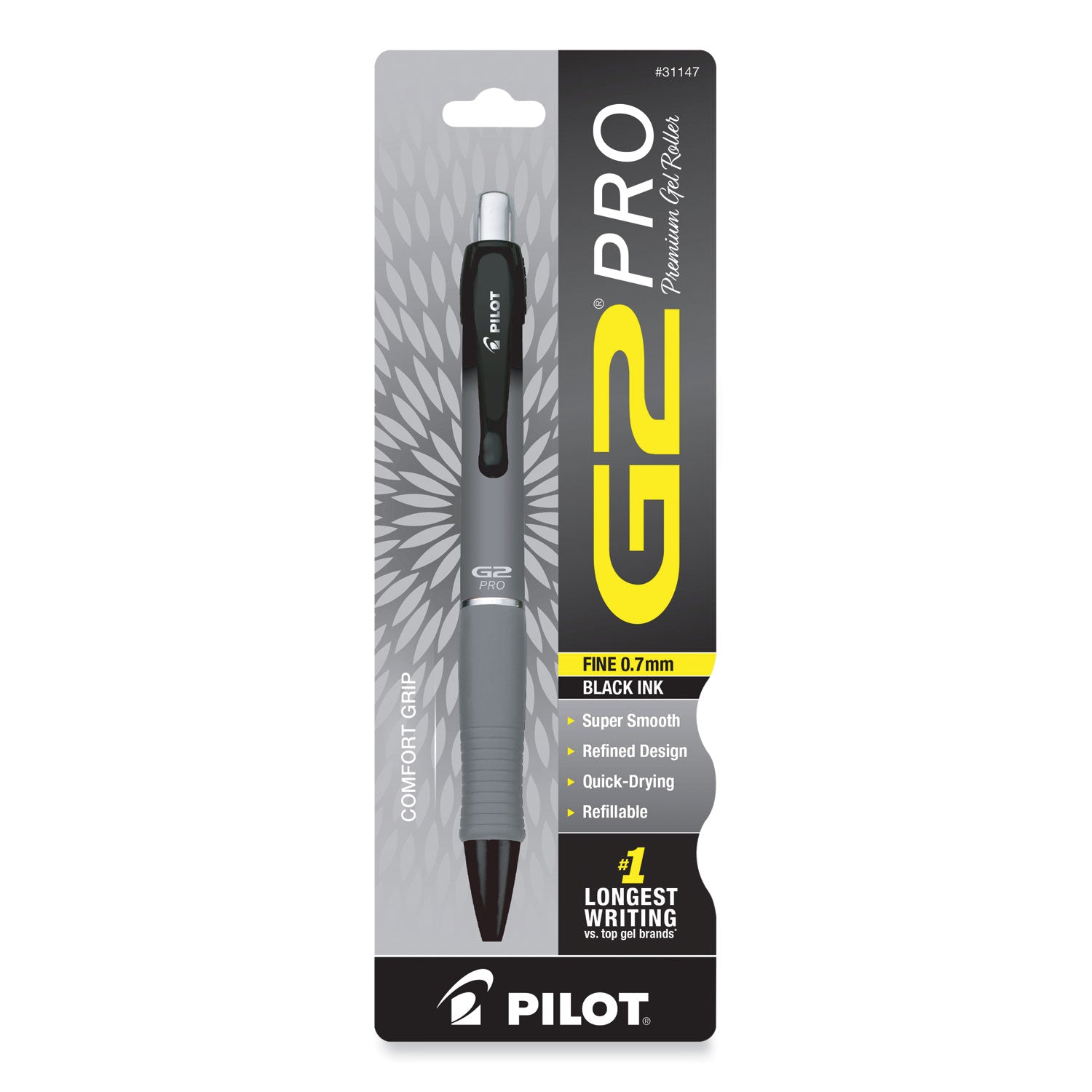 Pilot® G2 Pro Gel Pen, Retractable, Fine 0.7 Mm, Black Ink, Gray Barrel