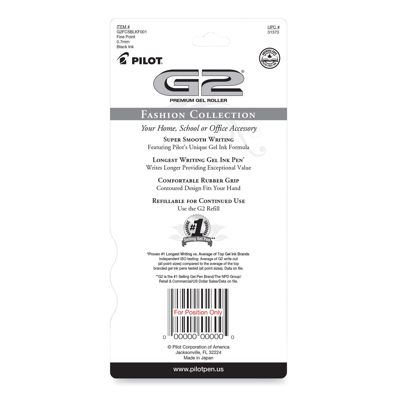 Pilot® G2 Fashion Premium Gel Pen, Retractable, Fine 0.7 Mm, Black Ink, Assorted Barrel Colors, 5/pack