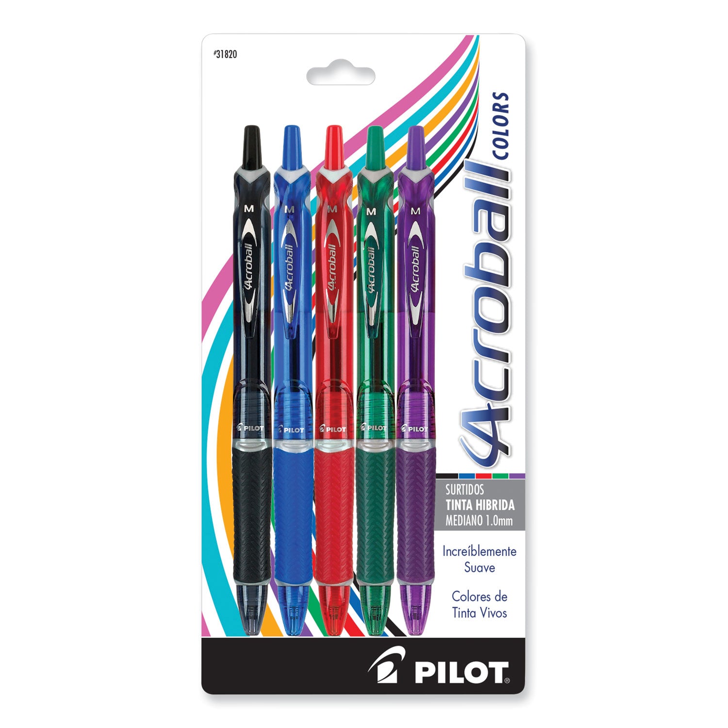 Acroball Colors Advanced Ink Hybrid Gel Pen, Retractable, Medium 1 mm, Assorted Ink and Barrel Colors, 5/Pack