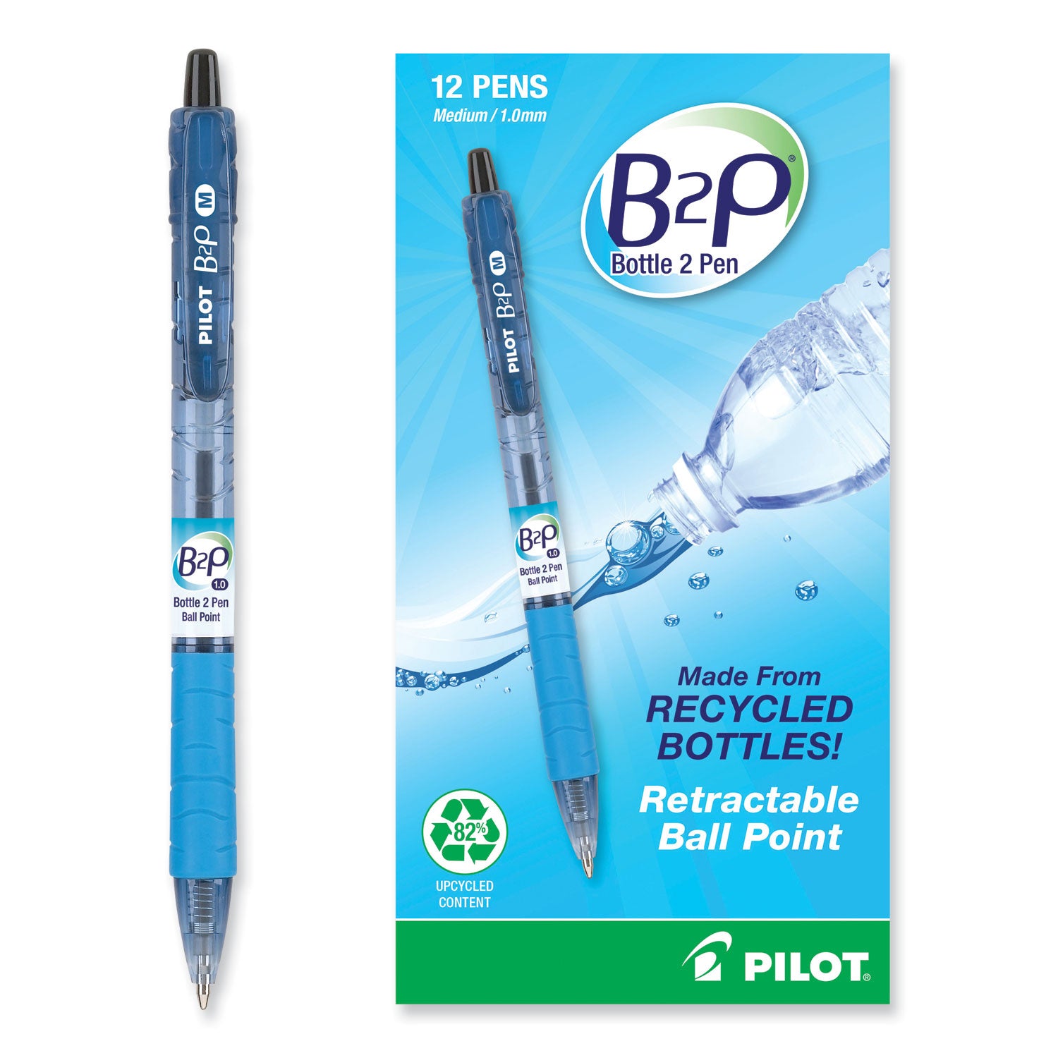 Pilot® B2p Bottle-2-Pen Recycled Ballpoint Pen, Retractable, Medium 1 Mm, Black Ink, Translucent Blue Barrel, Dozen