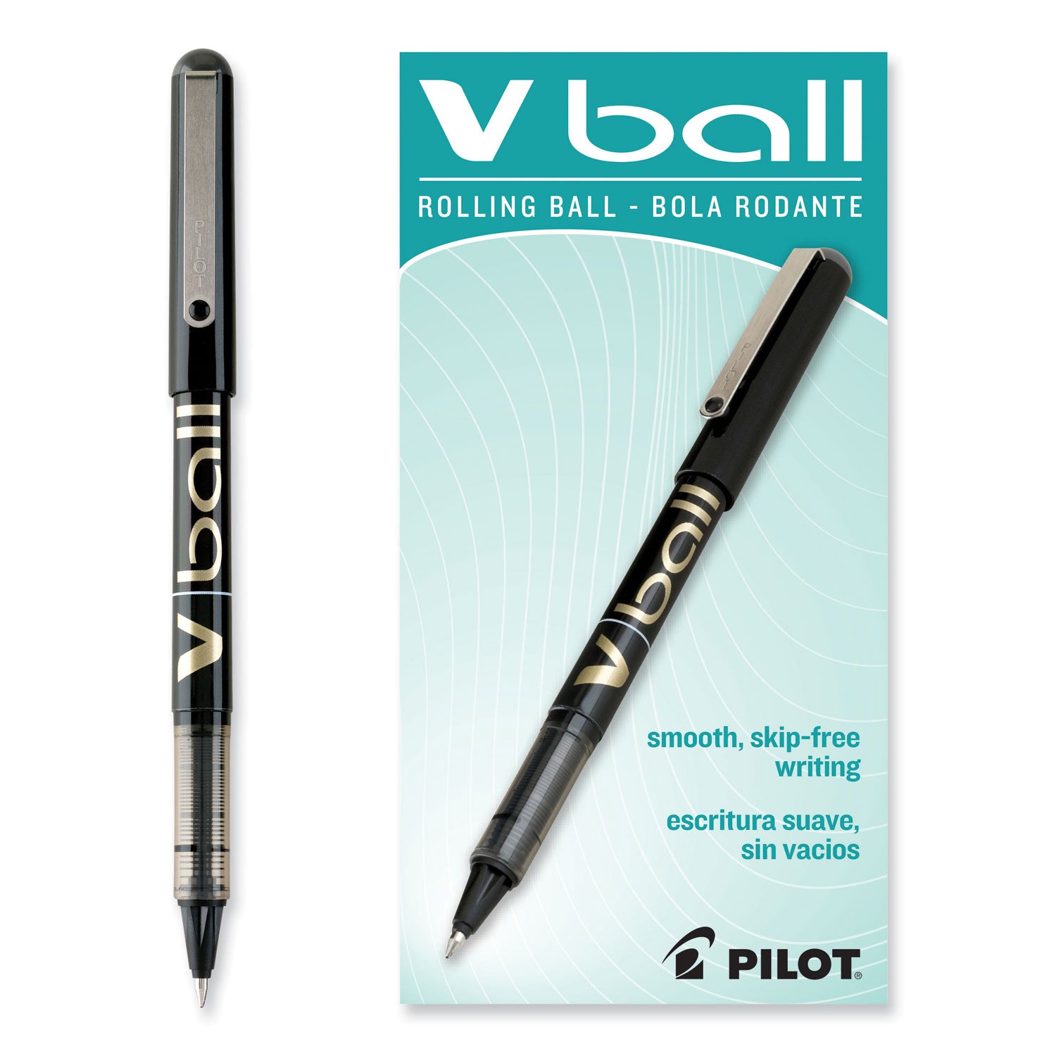 Pilot® VBall Liquid Ink Rollerball Pen, Stick, Fine 0.7 mm, Black Ink, Black/Clear Barrel, Dozen
