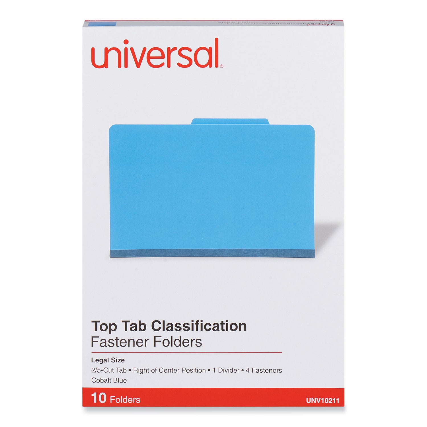 Universal® Bright Colored Pressboard Classification Folders, 2" Expansion, 1 Divider, 4 Fasteners, Legal Size, Cobalt Blue, 10/Box
