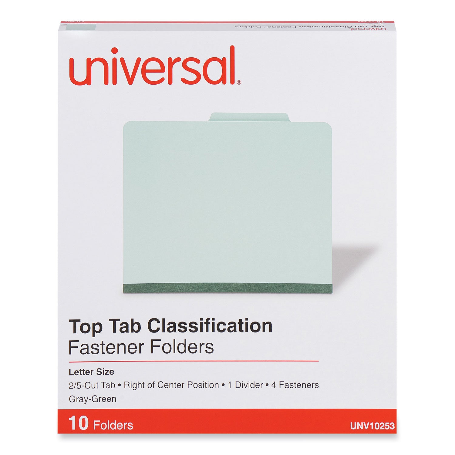 Universal® Four-Section Pressboard Classification Folders, 2" Expansion, 1 Divider, 4 Fasteners, Letter Size, Gray-Green, 10/Box