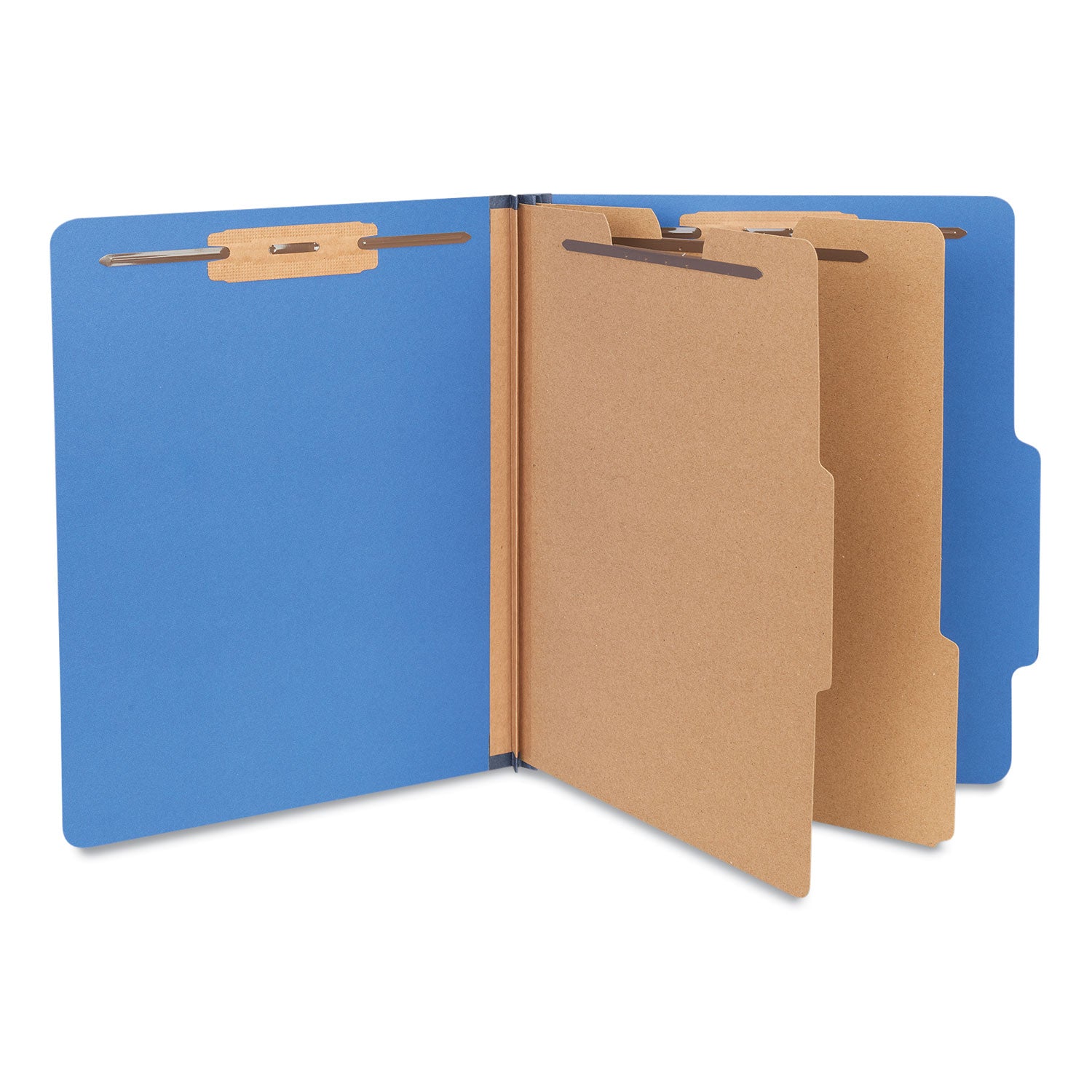 Universal® Six-Section Pressboard Classification Folders, 2.5" Expansion, 2 Dividers, 6 Fasteners, Letter Size, Blue, 10/Box