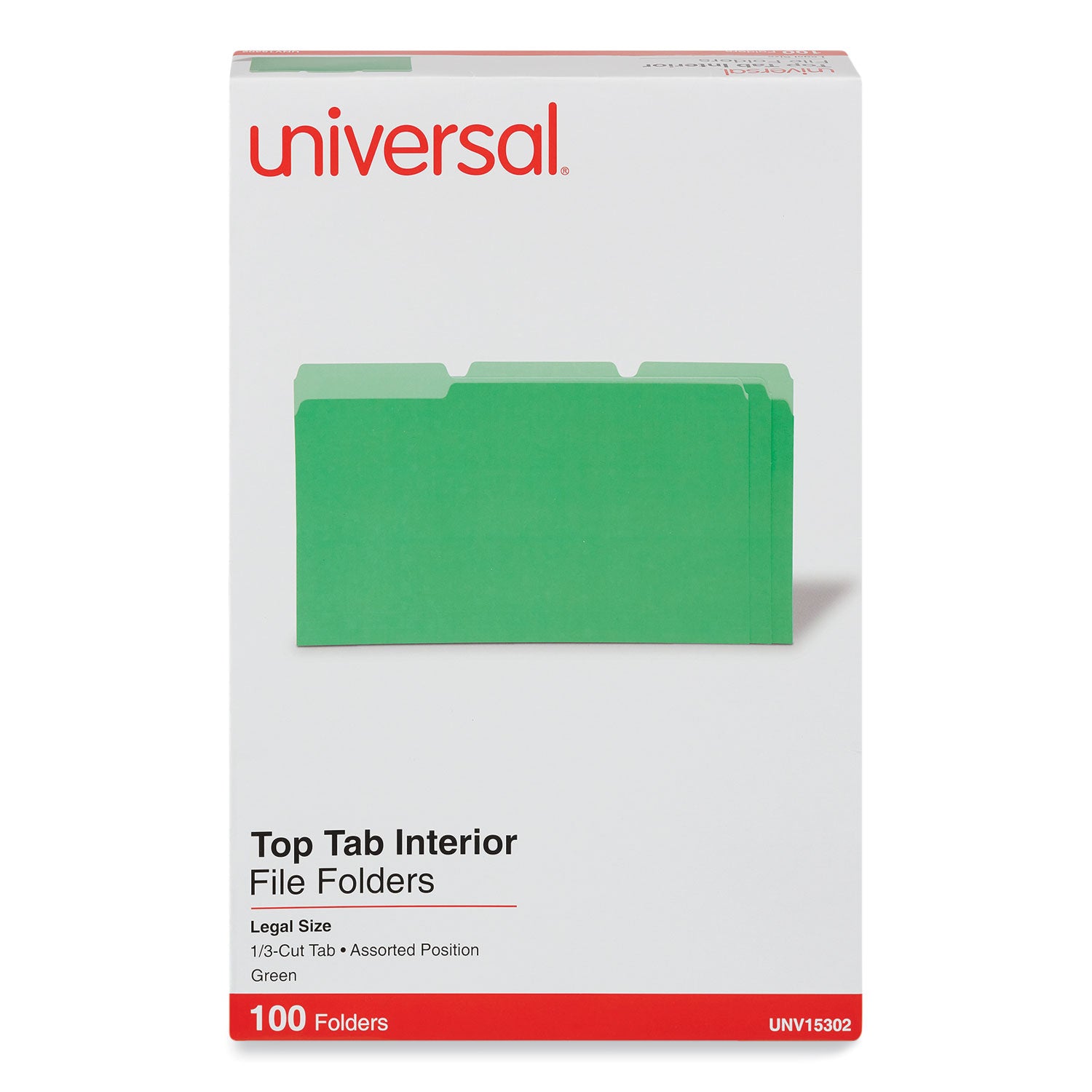 Universal® Interior File Folders, 1/3-Cut Tabs: Assorted, Legal Size, 11-pt Stock, Green, 100/Box