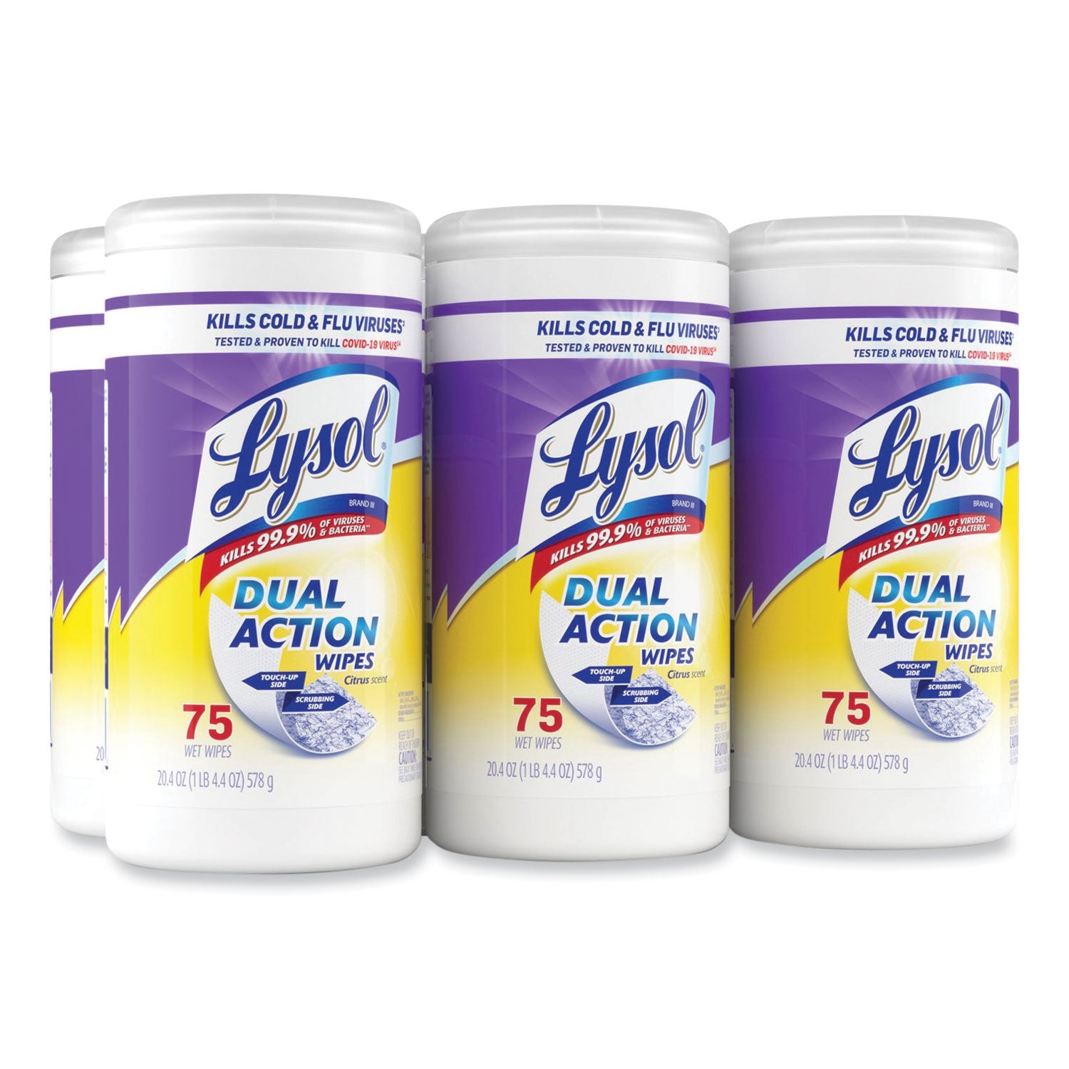 LYSOL® Brand Dual Action Disinfecting Wipes, 1-Ply, 7 x 7.5, Citrus, White/Purple, 75/Canister