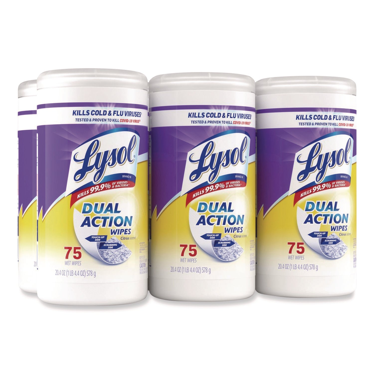 LYSOL® Brand Dual Action Disinfecting Wipes, 1-Ply, 7 x 7.5, Citrus, White/Purple, 75/Canister, 6 Canisters/Carton