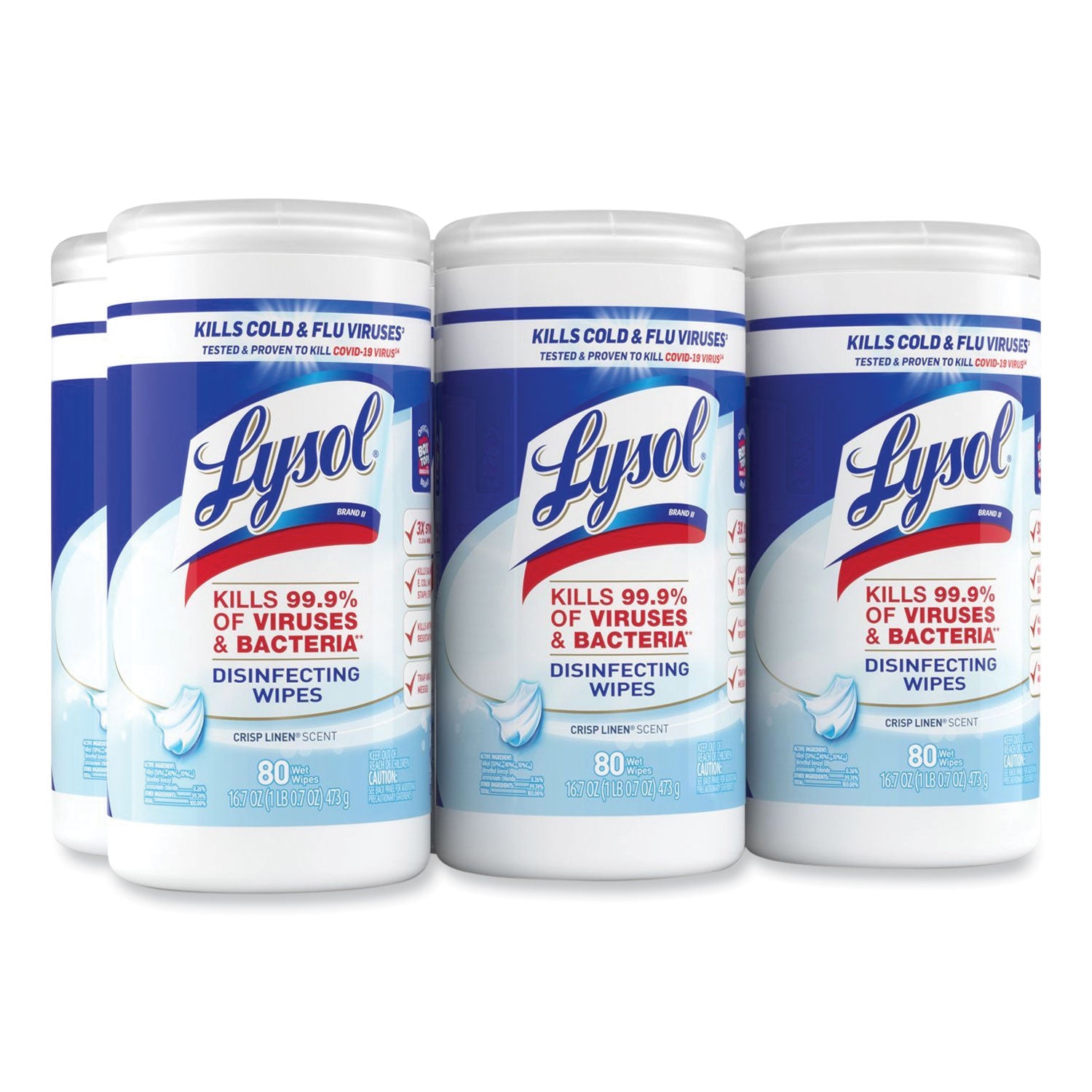 LYSOL® Brand Disinfecting Wipes, 1-Ply, 7 x 7.25, Crisp Linen, White, 80 Wipes/Canister, 6 Canisters/Carton