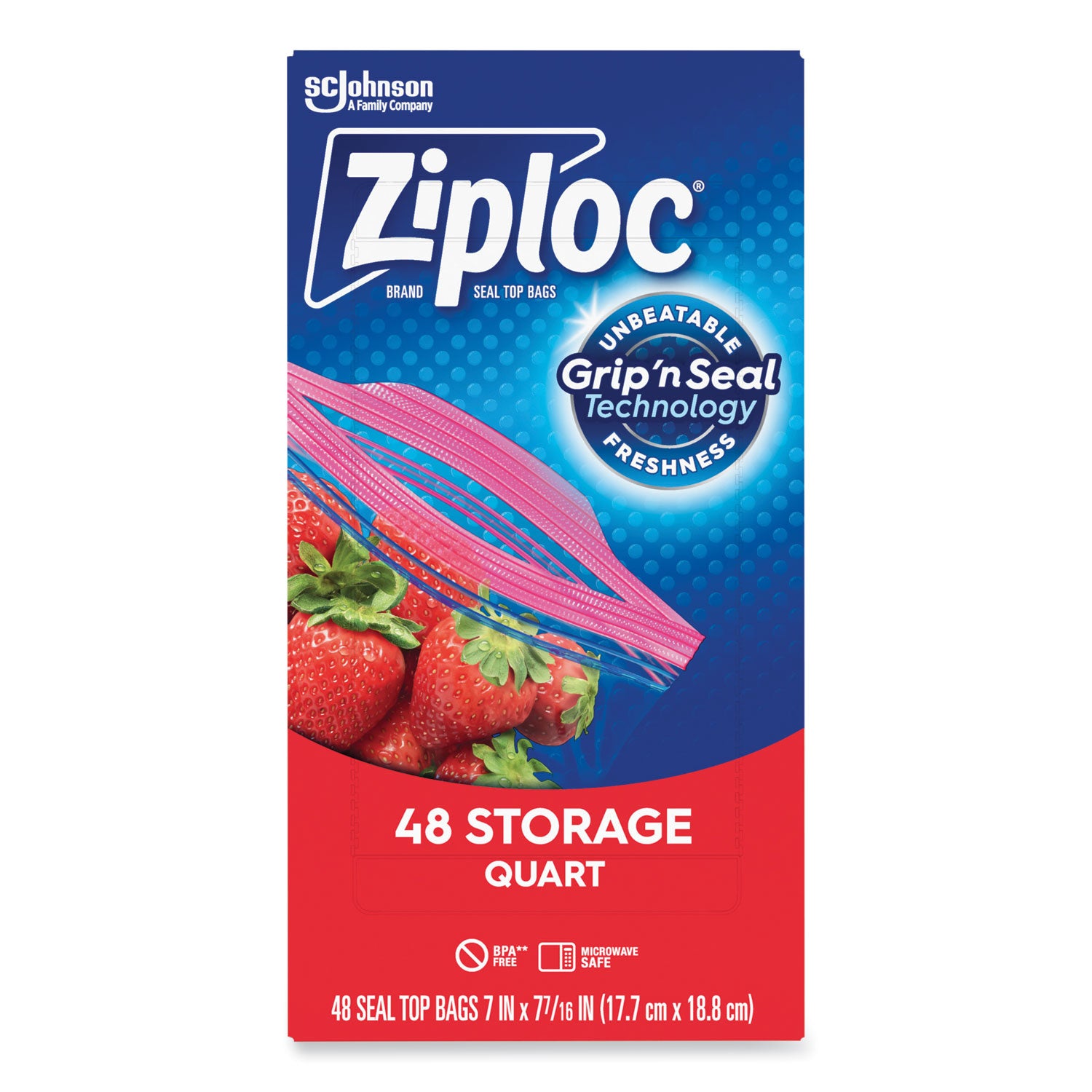 Ziploc® Double Zipper Storage Bags, Triple System Seal, Quart, 9.63" x 8.5", Clear, 9/Carton
