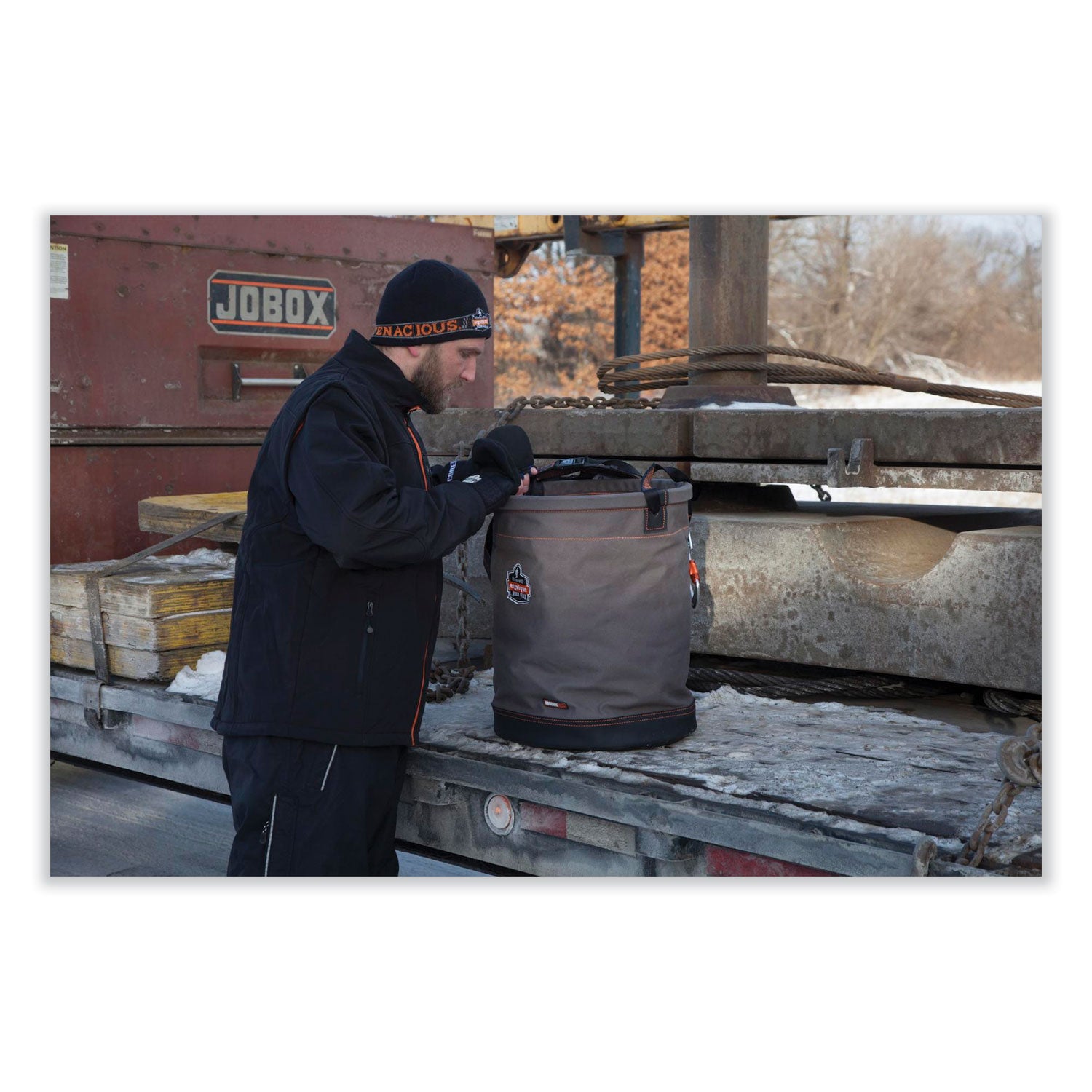 ergodyne® Arsenal 5945 Extra-Large Swiveling Carabiner Canvas Hoist Bucket, 150 lb, Gray