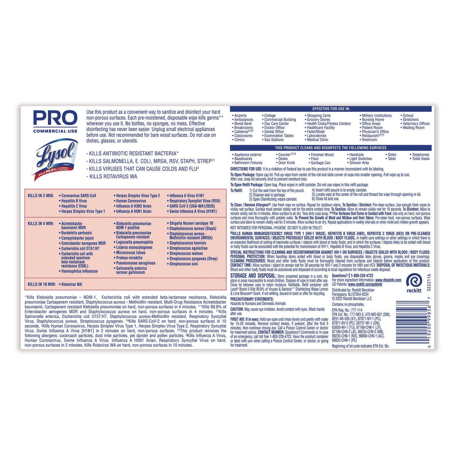 LYSOL® Brand Professional Disinfecting Wipe Bucket, 1-Ply, 6 x 8, Lemon and Lime Blossom, White, 800 Wipes/Bucket, 2 Buckets/Carton