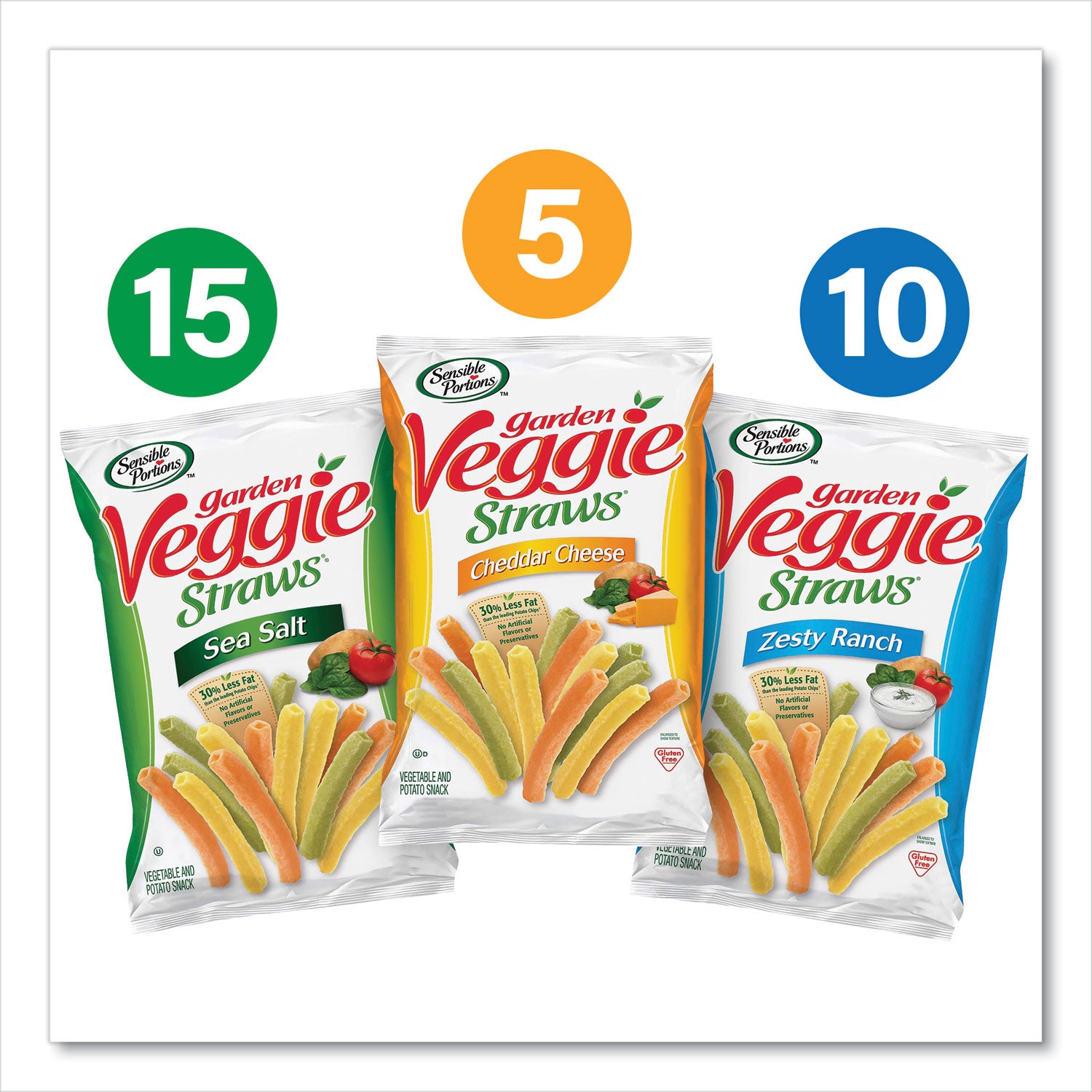 Sensible Portions® Veggie Straws, Cheddar Cheese/Sea Salt/Zesty Ranch, 1 oz Bag, 30 Bags/Carton