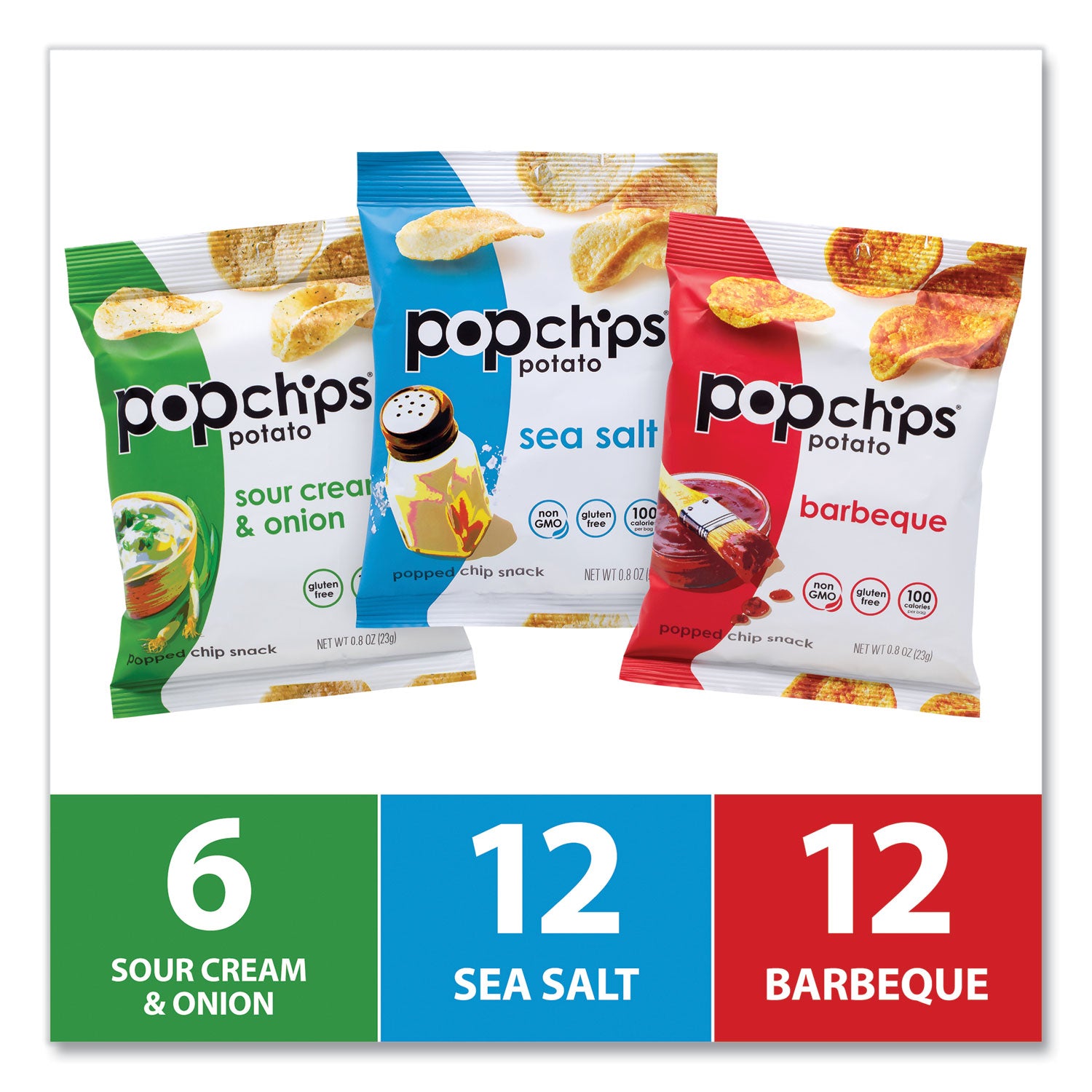 popchips® Potato Chips, Variety Pack, Barbeque, Sea Salt, Sour Cream and Onion, 0.8 oz Bag, 30/Pack