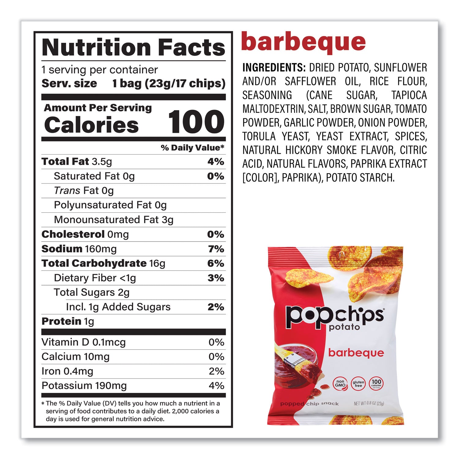 popchips® Potato Chips, Variety Pack, Barbeque, Sea Salt, Sour Cream and Onion, 0.8 oz Bag, 30/Pack