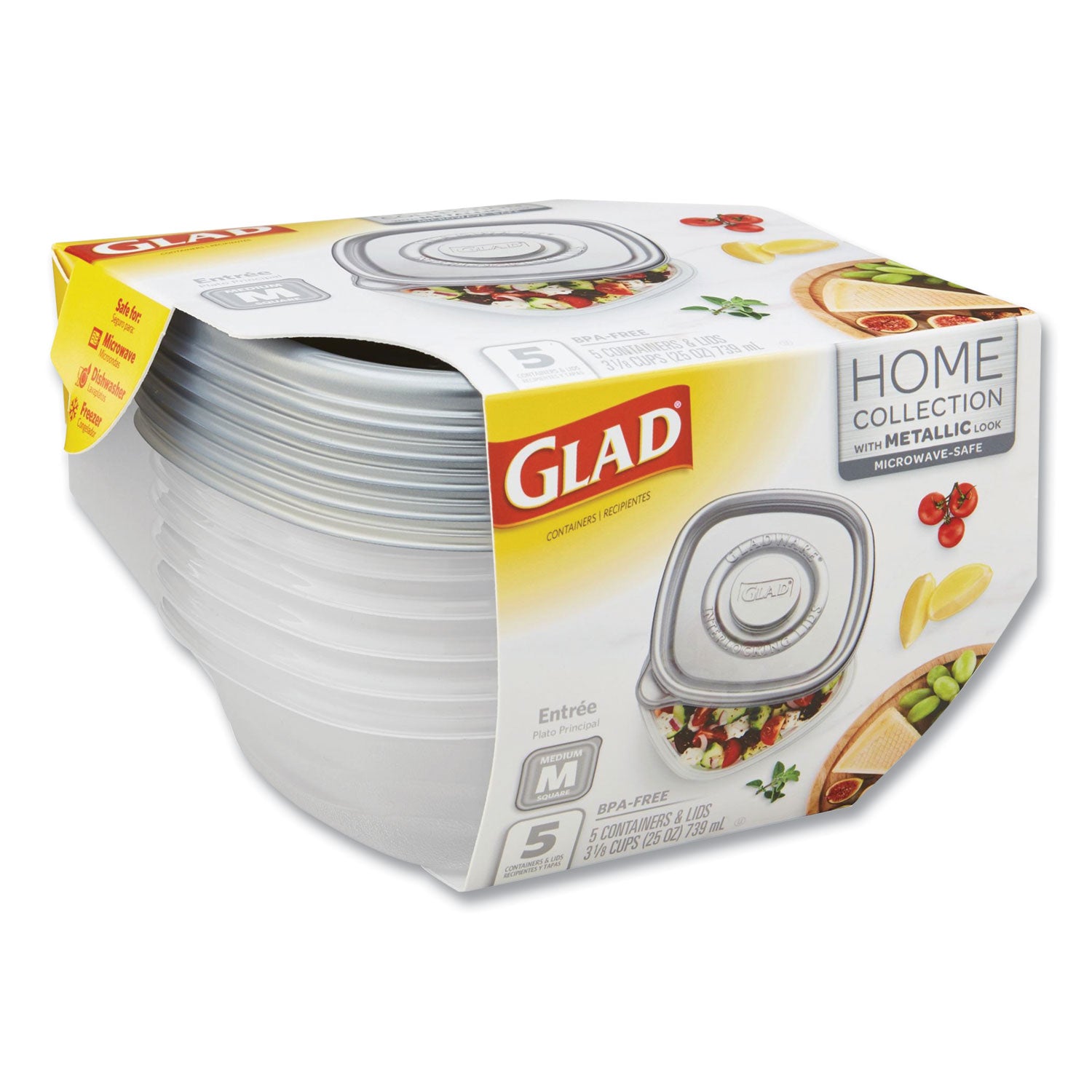 Glad® Home Collection Food Storage Containers With Lids, Medium Square, 25 Oz, Clear/metallic, Plastic, 5/pack