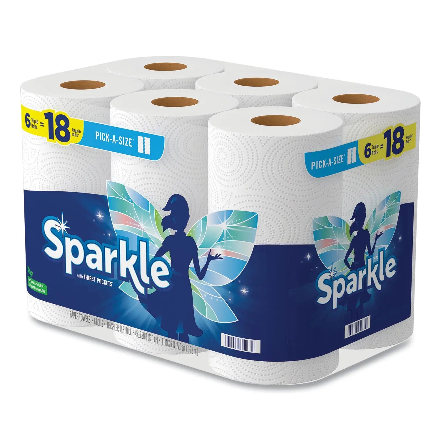 Pick-A-Size Perforated Kitchen Triple Roll Towels with Thirst Pockets, 2-Ply, 11 x 6, White, 165 Sheets/Roll, 6 Rolls/Pack Sparkle® Flipcost