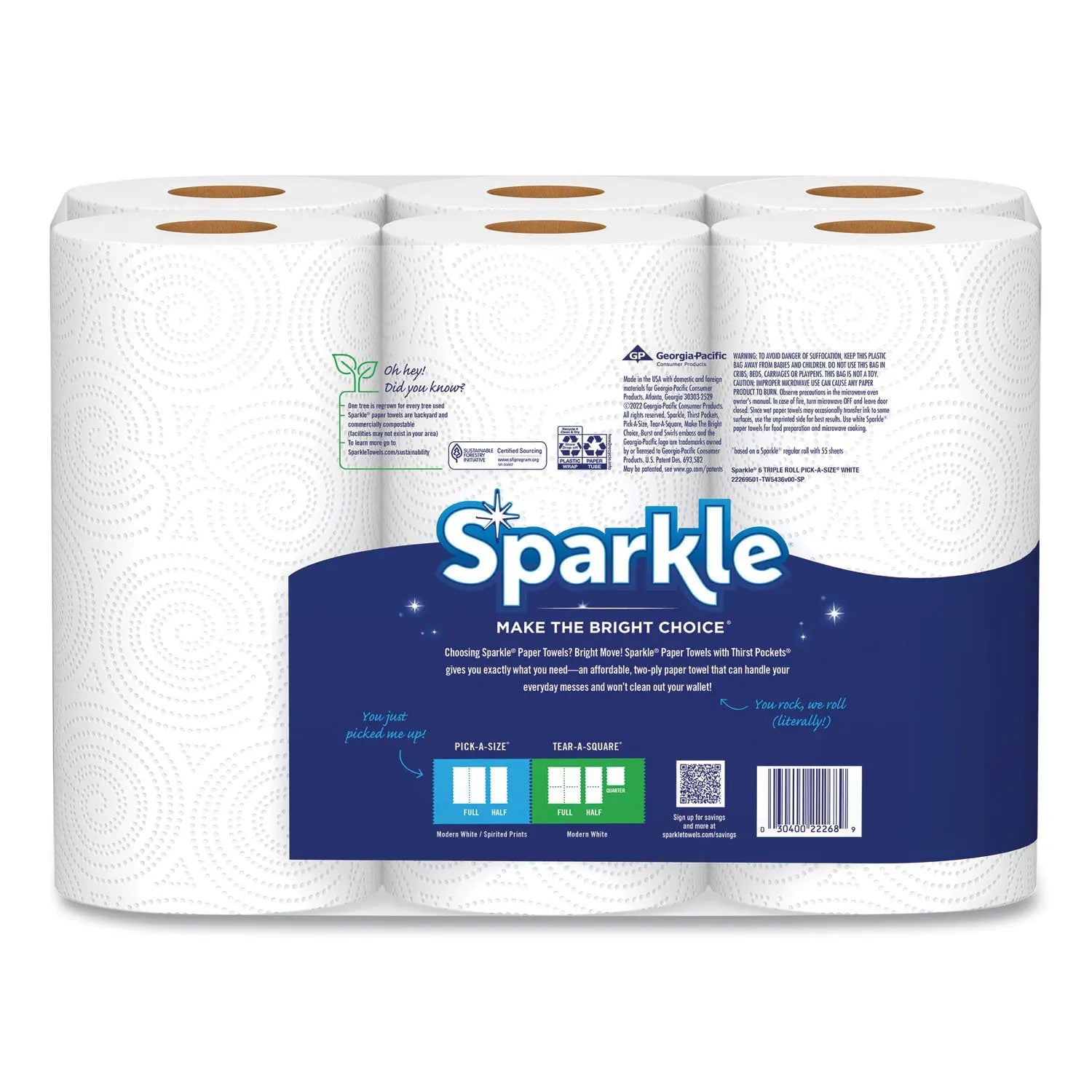 Pick-A-Size Perforated Kitchen Triple Roll Towels with Thirst Pockets, 2-Ply, 11 x 6, White, 165 Sheets/Roll, 6 Rolls/Pack Sparkle® Flipcost