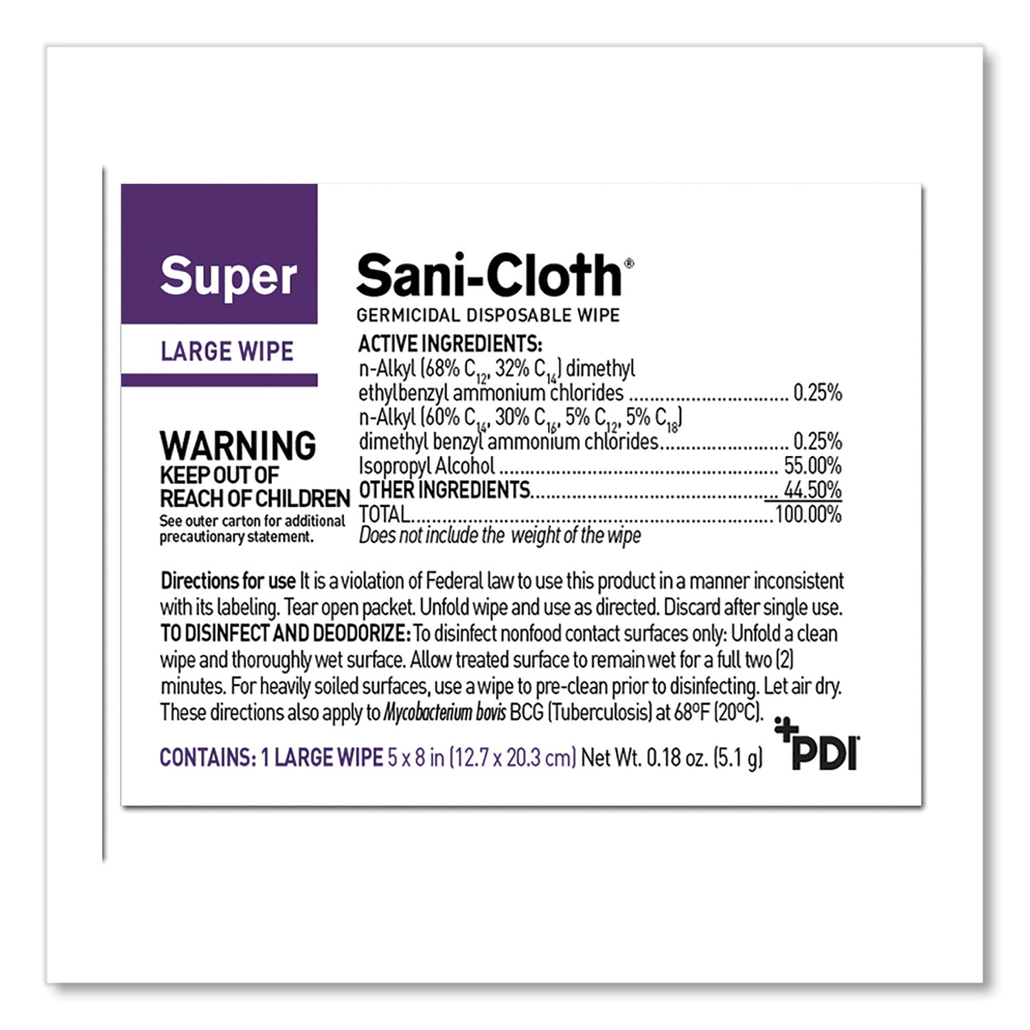Sani Professional® Super Sani-Cloth Individually Wrapped Germicidal Disposable Wipes, Large, 1-Ply, 5 X 8, Unscented, White, 50/pack