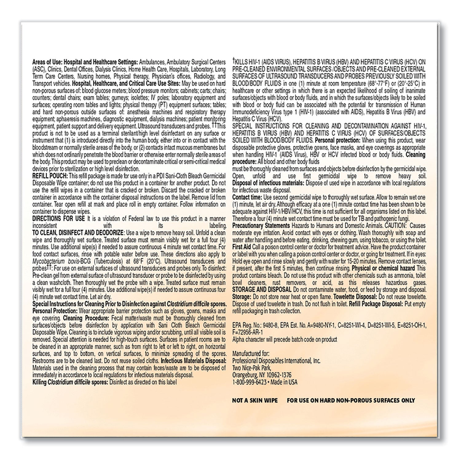 Sani Professional® Sani-Cloth Bleach Germicidal Disposable Wipe Refill, 1-Ply, 7.5 X 15, Unscented, White, 160/bag, 2 Bags/carton