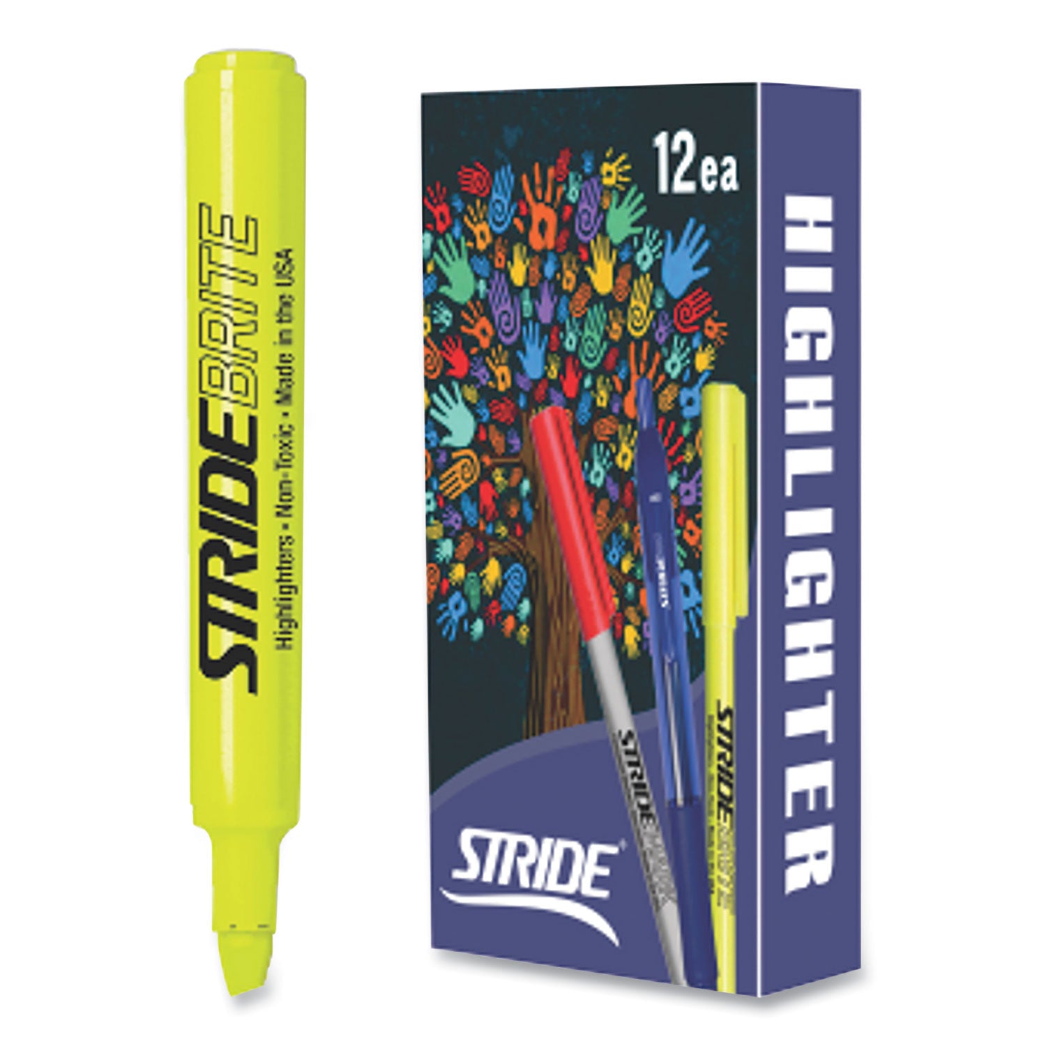 Stride StrideBrite Tank Highlighter, Fluorescent Yellow Ink, Chisel Tip, Yellow Barrel, 12/Box