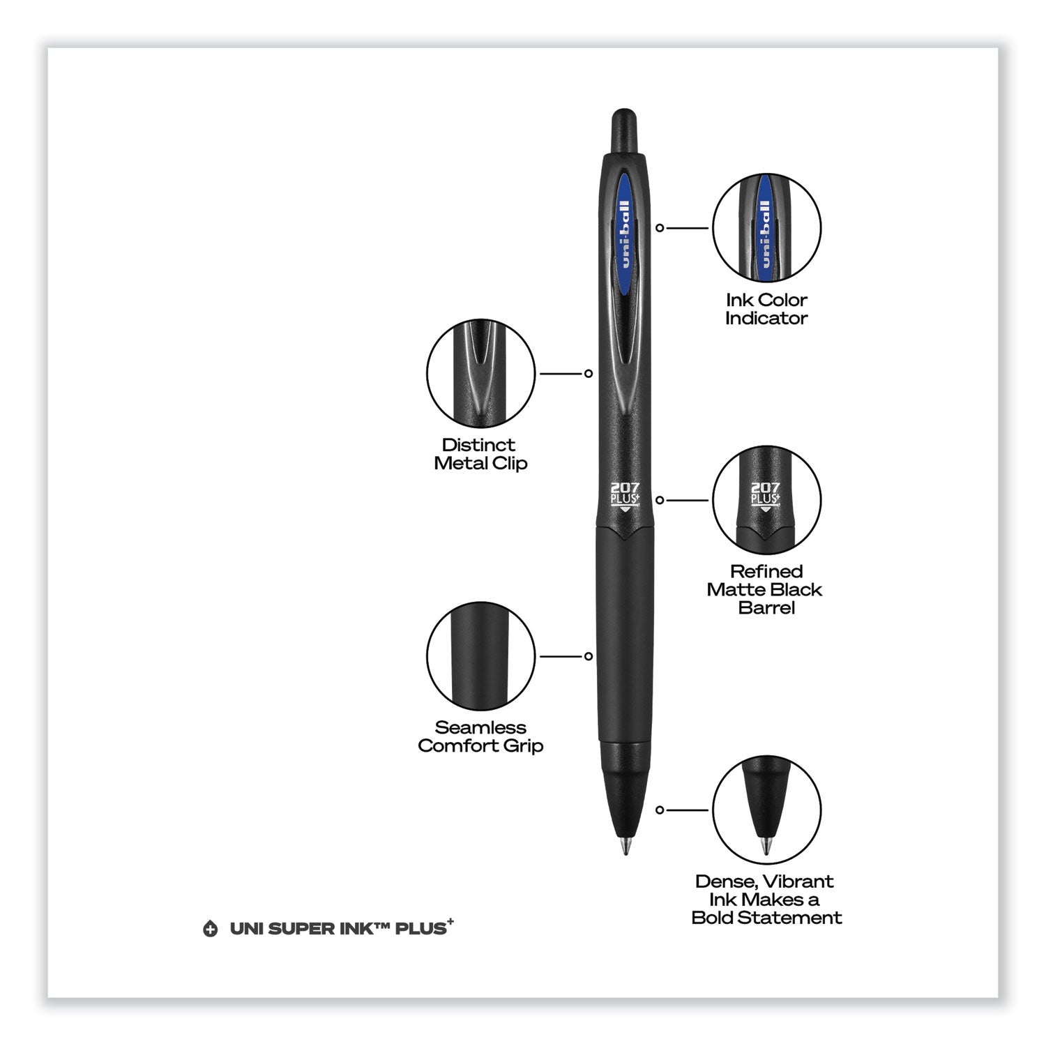 uniball® 207 Plus+ Gel Pen, Retractable, Medium 0.7 mm, Blue Ink, Black Barrel, 4/Pack