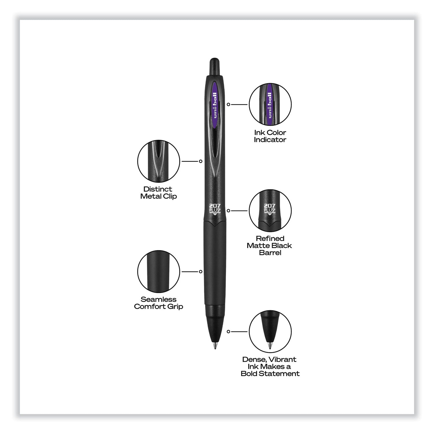 uniball® 207 Plus+ Gel Pen, Retractable, Medium 0.7 mm, Assorted Inspirational Ink Colors, Black Barrel, 6/Pack
