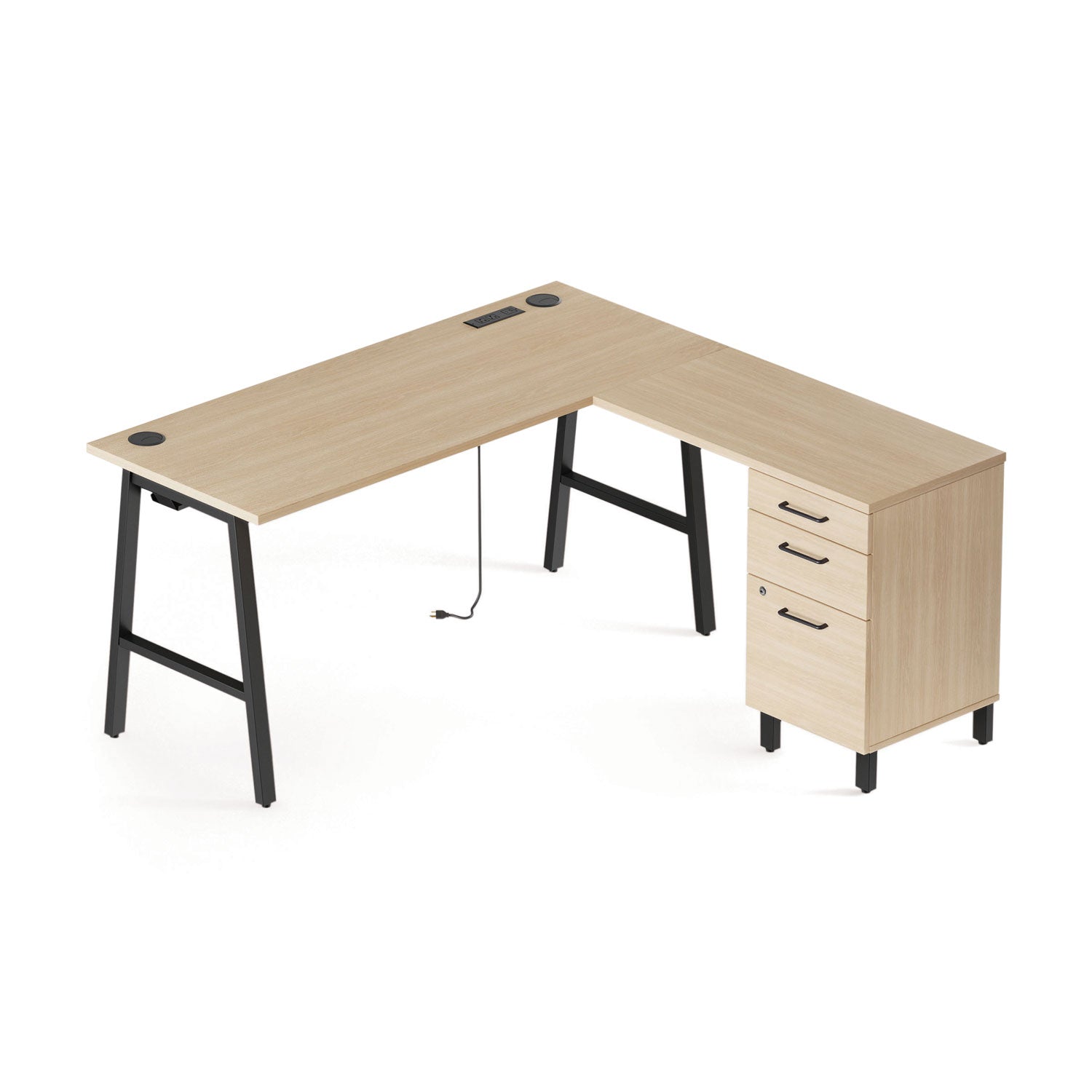 Union & Scale™ Essentials Single-Pedestal L-Shaped Desk with Integrated Power Management, 59.8" x 59.8 x 29.7", Natural Wood/Black