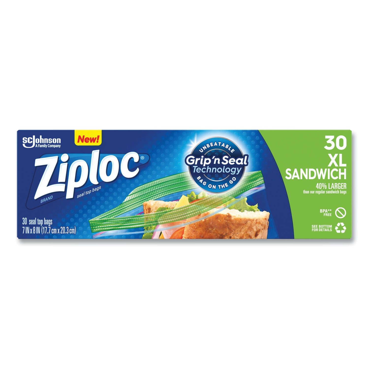 Ziploc® Sandwich Seal Top Bags, XL Sandwich, 8" x 7", Clear, 30/Box
