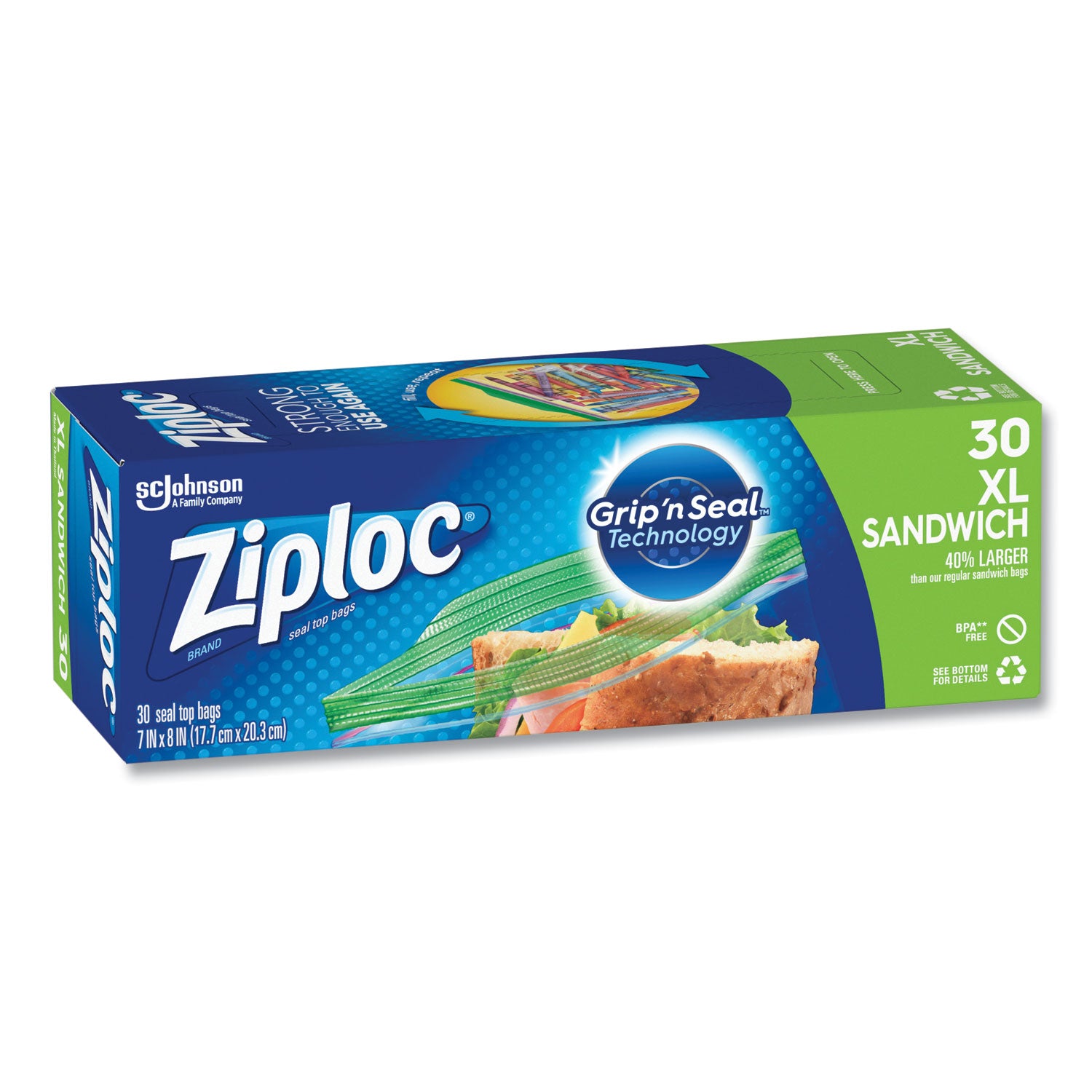 Ziploc® Sandwich Seal Top Bags, XL Sandwich, 8" x 7", Clear, 30/Box