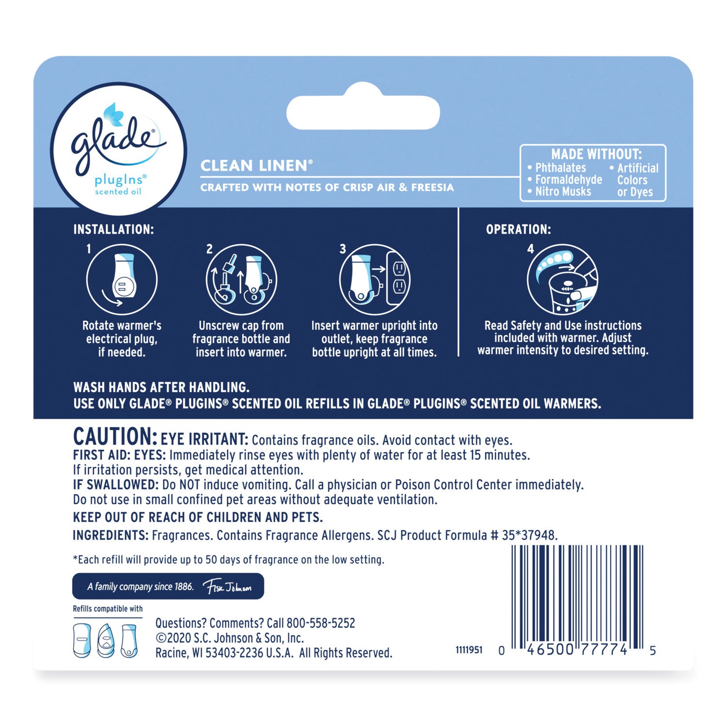 Glade® Plugins Scented Oil Refill, Clean Linen, 0.67 oz, 5/Pack