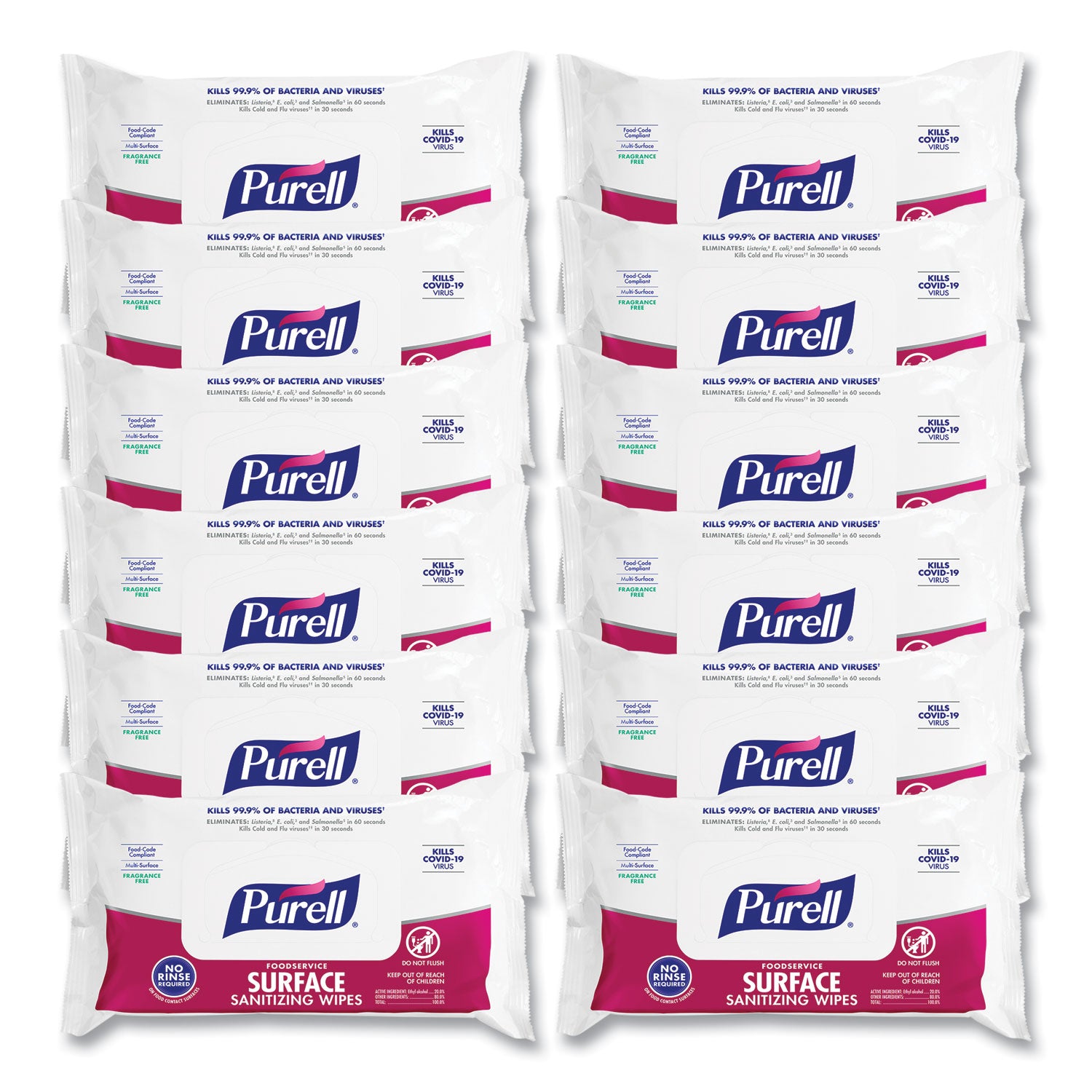 PURELL® Foodservice Surface Sanitizing Wipes, 1-Ply, 7.4 X 9, Fragrance-Free, White, 72/pouch, 12 Pouches/carton