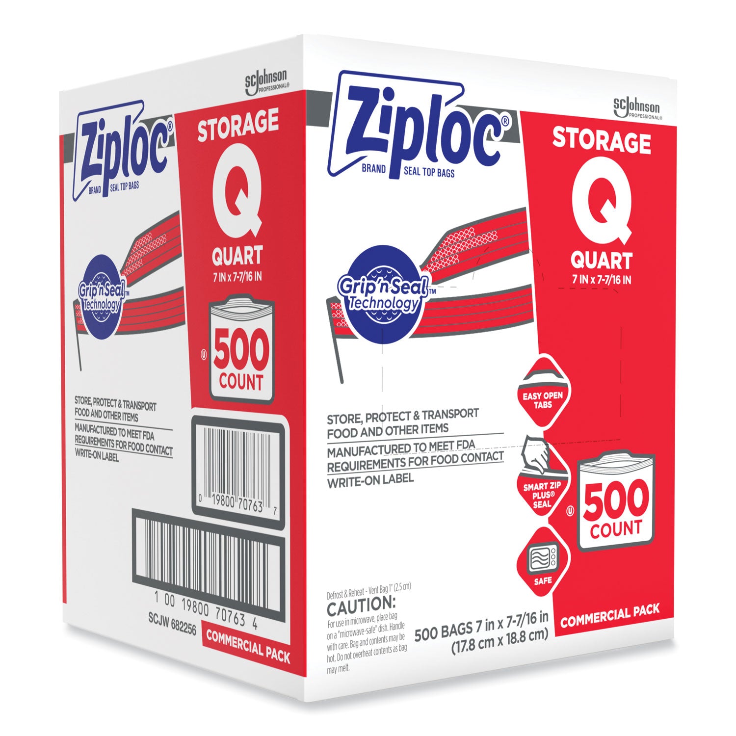 Ziploc® Double Zipper Storage Bags, Quart, 7" x 7.75", Clear, 500/Box