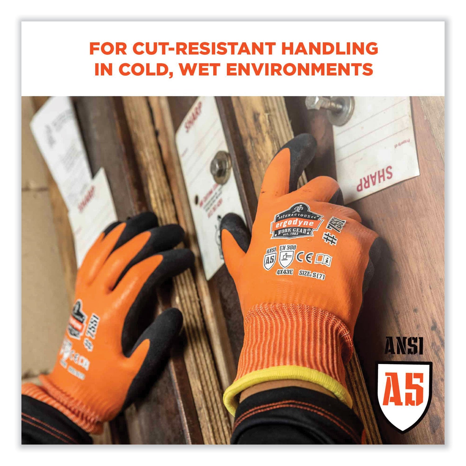 ergodyne® ProFlex 7551 ANSI A5 Coated Waterproof CR Gloves, Orange, Medium, Pair