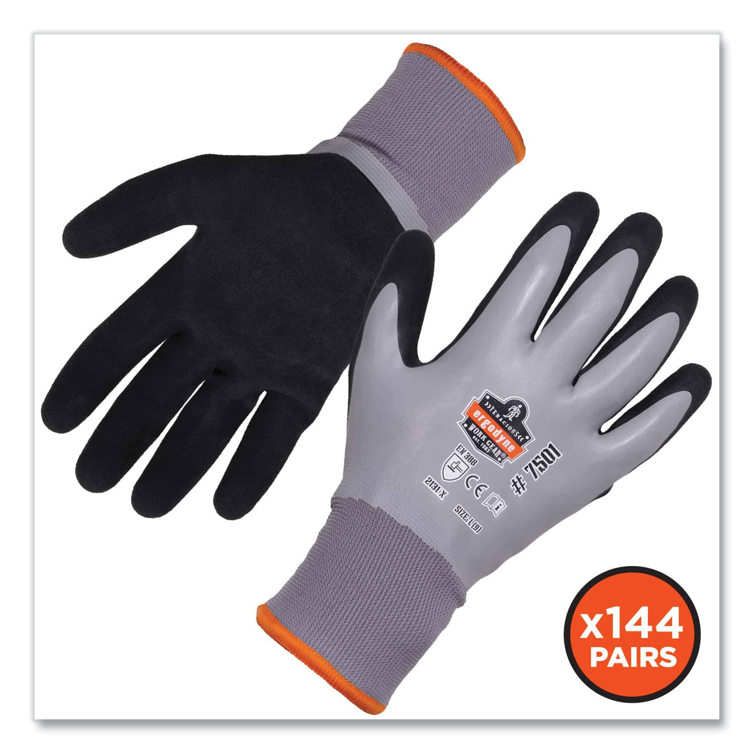 ergodyne® ProFlex 7501-CASE Coated Waterproof Winter Gloves, Gray, Small, 144 Pairs/Carton