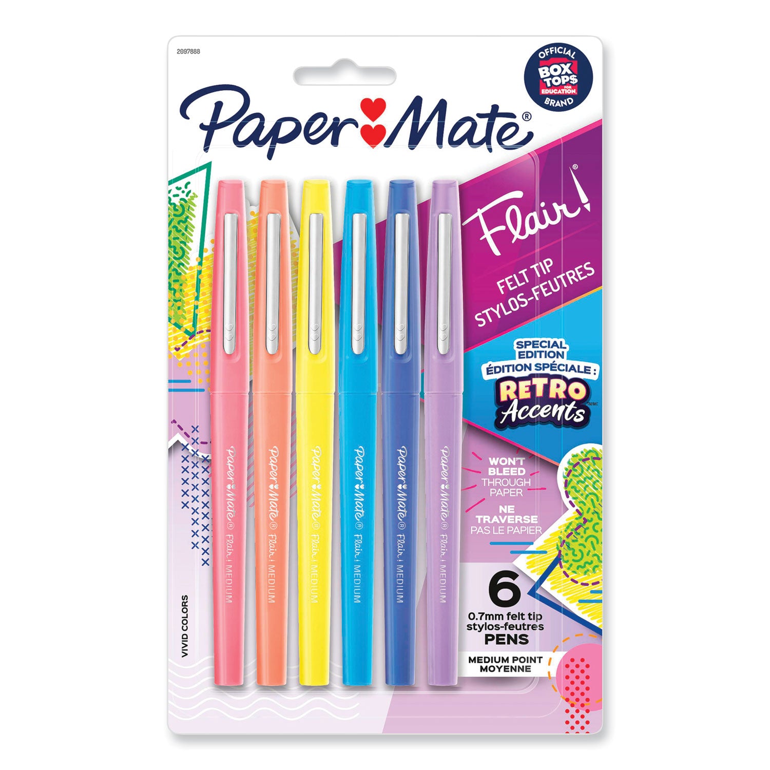 Flair Felt Tip Porous Point Pen, Stick, Medium 0.7 mm, Assorted Ink and Barrel Colors with Retro Accents, 6/Pack