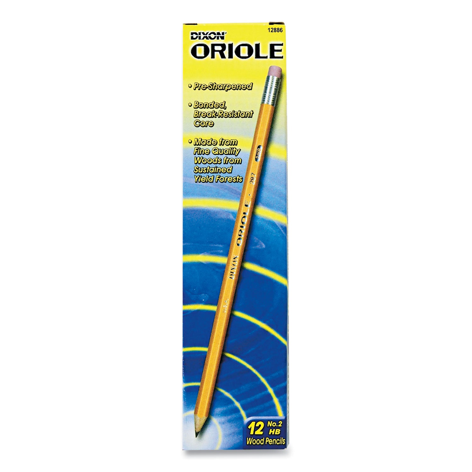 Dixon® Oriole Presharpened Pencils, HB (#2), Black Lead, Yellow Barrel, Dozen