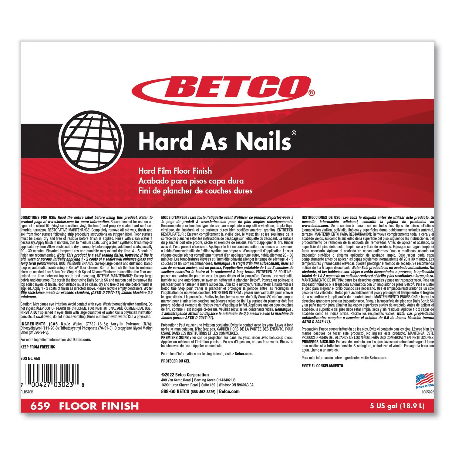 Betco® Hard as Nails Floor Finish, 5 gal Bag-in-Box