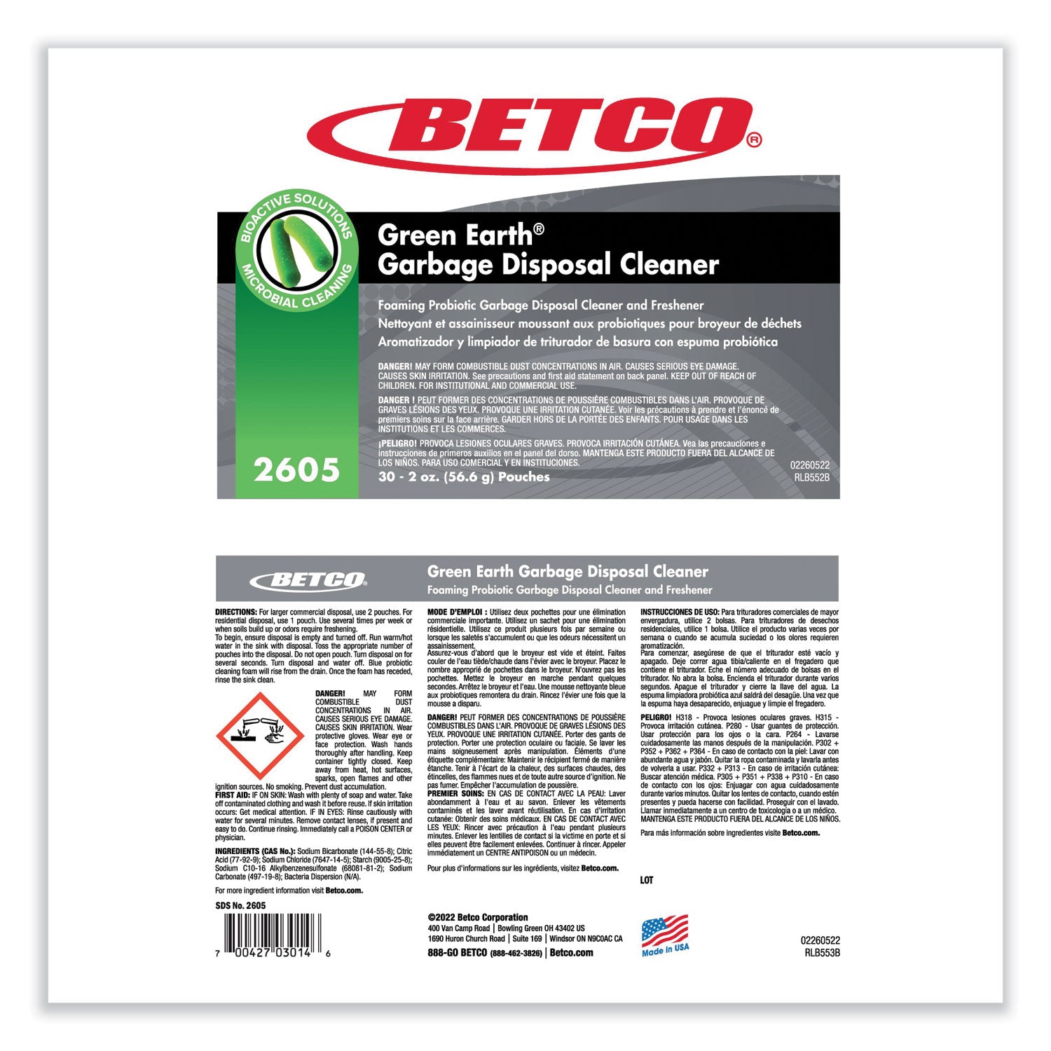 Betco® Green Earth Garbage Disposal Cleaner, Fruity Scent, 2 oz Packet, 30/Carton