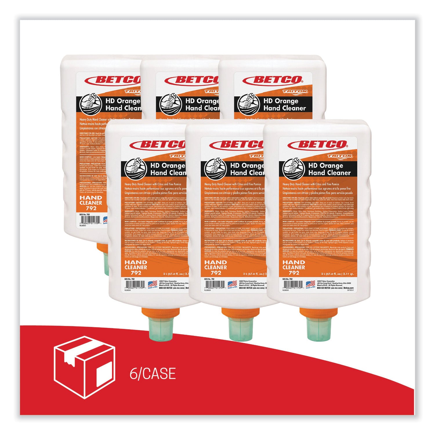 Betco® HD Orange Hand Cleaner Refill for Triton Dispensers, Citrus Zest Scent, 2 L, 6/Carton