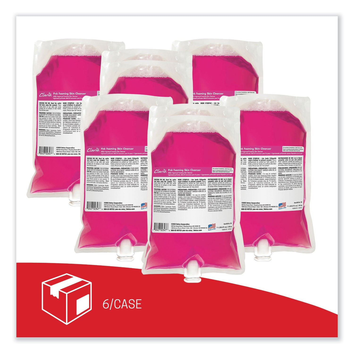 Betco® Pink Foaming Skin Cleanser Refill, Fresh Scent, 1,000 mL, 6/Carton