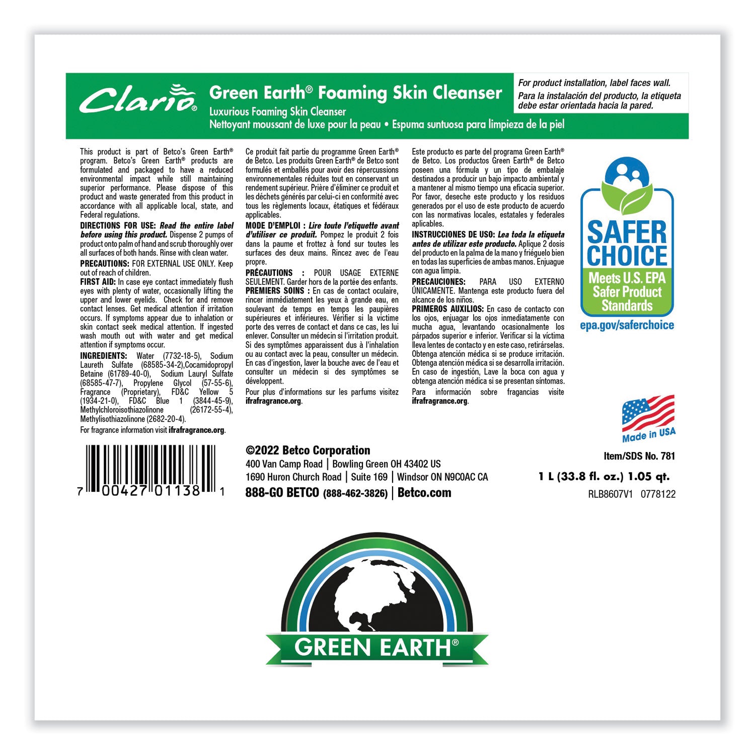 Betco® Green Earth Foaming Skin Cleanser Refill, Fresh Meadow Scent, 1,000 mL, 6/Carton