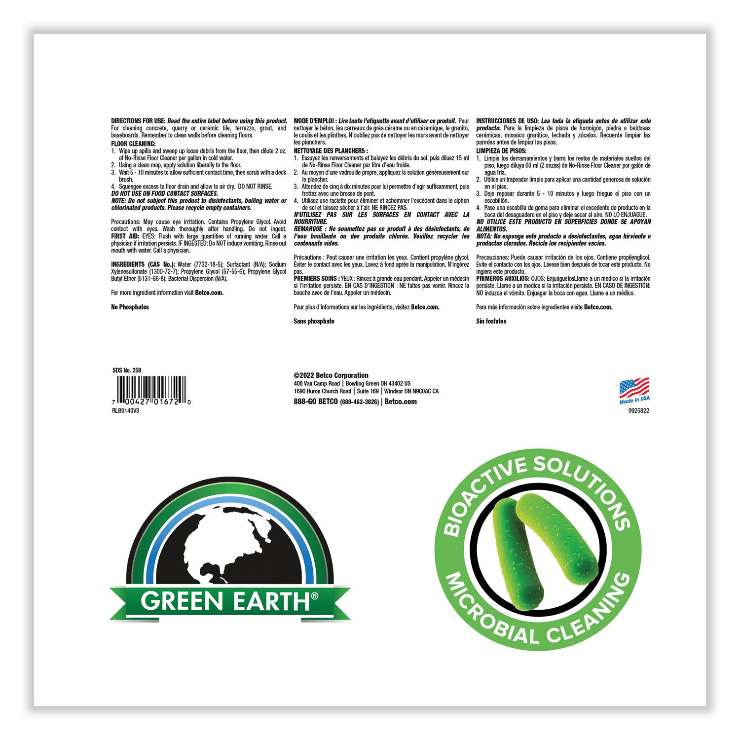 Betco® BioActive Solutions No-Rinse Floor Cleaner, Rain Fresh Scent, 1 gal Bottle, 4/Carton